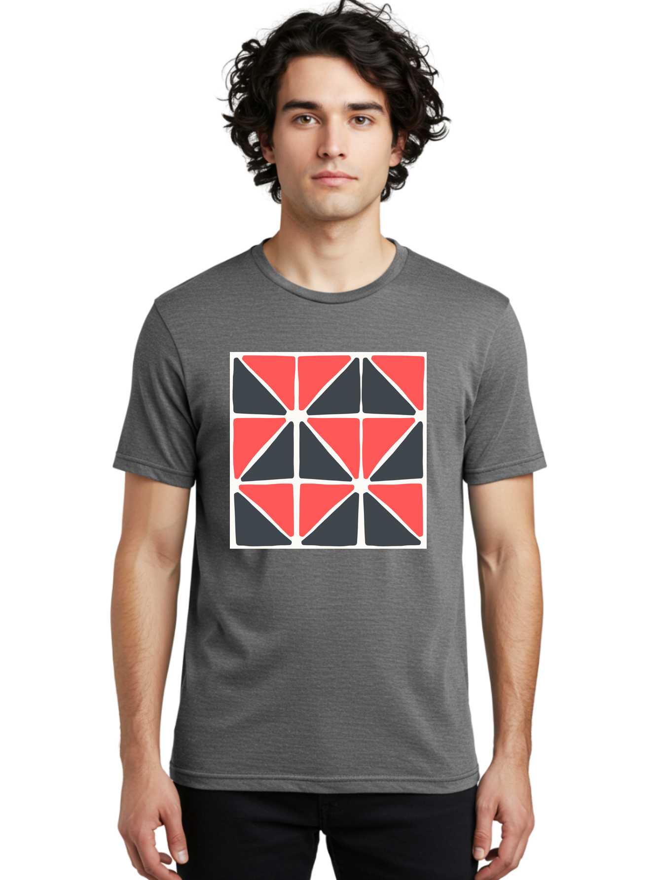 Geometric-Pattern-3 Men'S Graphic Tee, 100% Cotton, Comfortable Casual Summer Wear, Machine Washable, Geometric Pattern, Red And Black Triangles, Abstract Design, Symmetrical Shapes, Modern Art, Minimalist Style, Bold Colors, Aab751