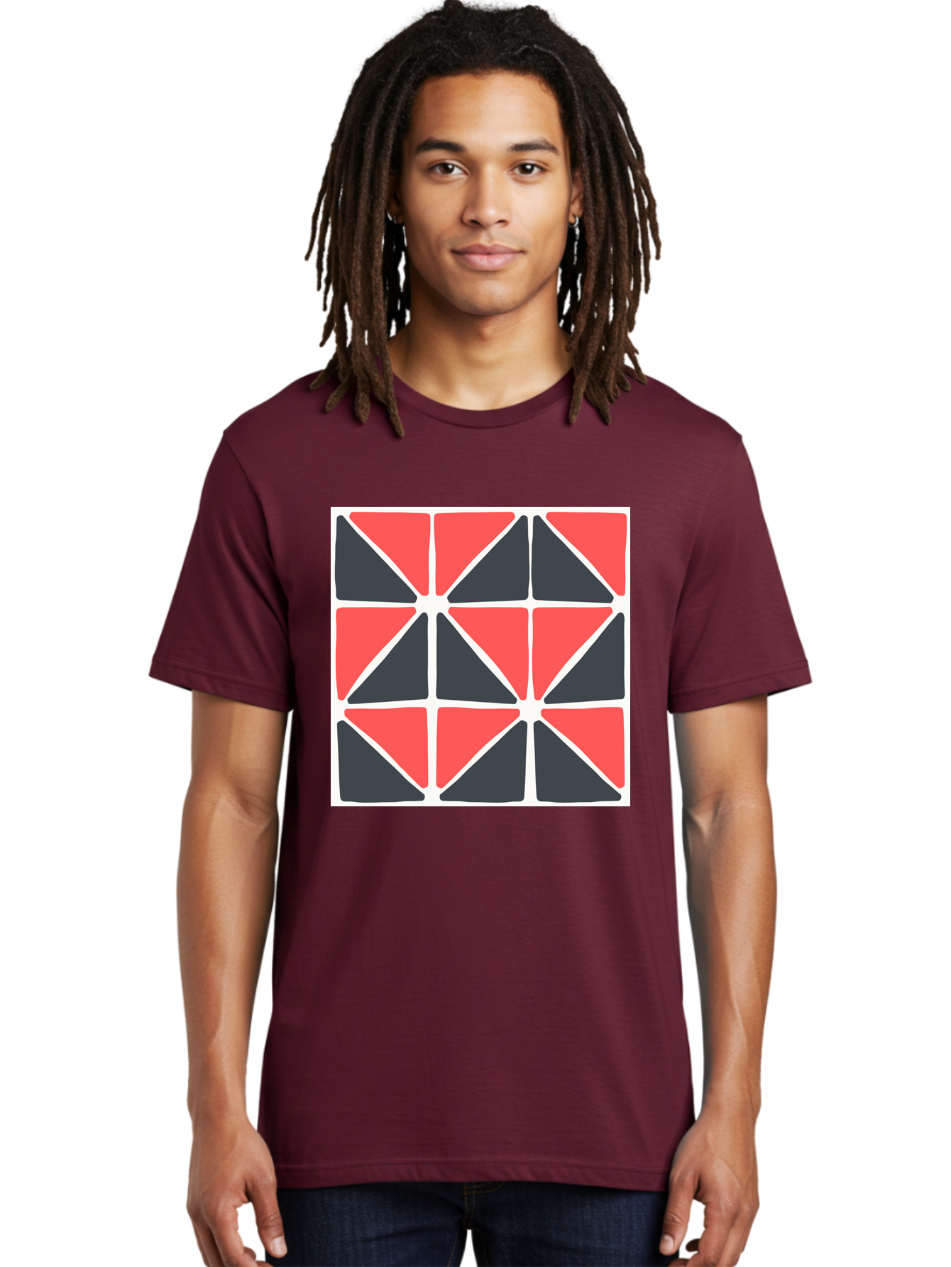 Geometric-Pattern-3 Men'S Graphic Tee, 100% Cotton, Comfortable Casual Summer Wear, Machine Washable, Geometric Pattern, Red And Black Triangles, Abstract Design, Symmetrical Shapes, Modern Art, Minimalist Style, Bold Colors, Aab751