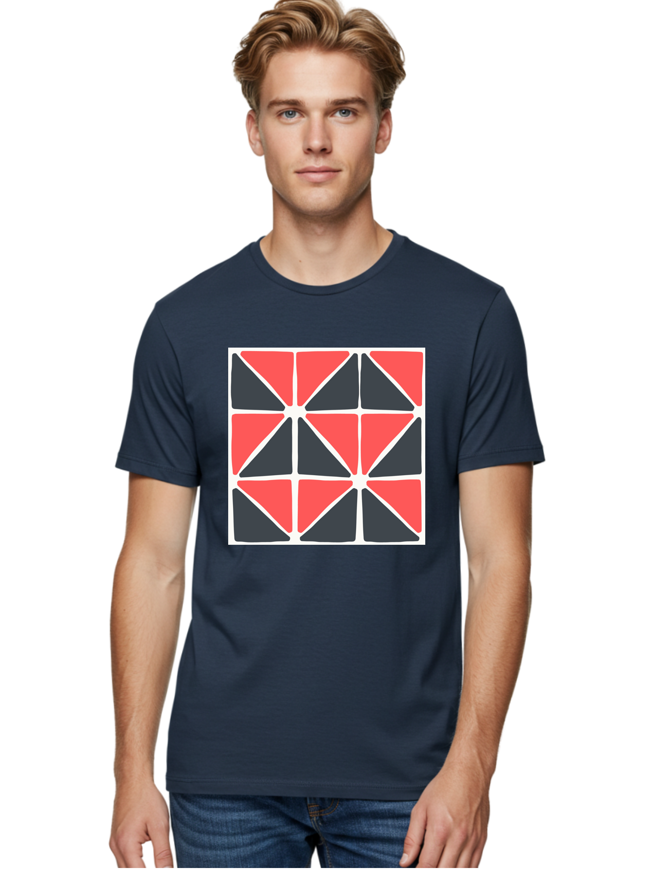 Geometric-Pattern-3 Men'S Graphic Tee, 100% Cotton, Comfortable Casual Summer Wear, Machine Washable, Geometric Pattern, Red And Black Triangles, Abstract Design, Symmetrical Shapes, Modern Art, Minimalist Style, Bold Colors, Aab751