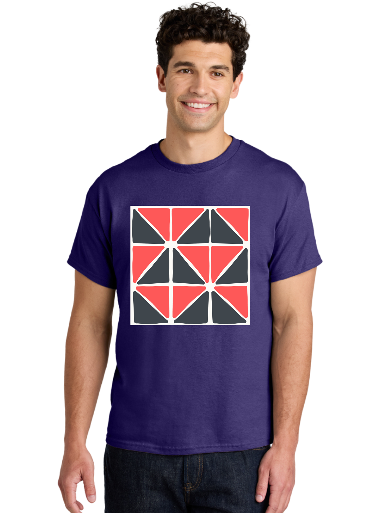 Geometric-Pattern-3 Men'S Graphic Tee, 100% Cotton, Comfortable Casual Summer Wear, Machine Washable, Geometric Pattern, Red And Black Triangles, Abstract Design, Symmetrical Shapes, Modern Art, Minimalist Style, Bold Colors, Aab751
