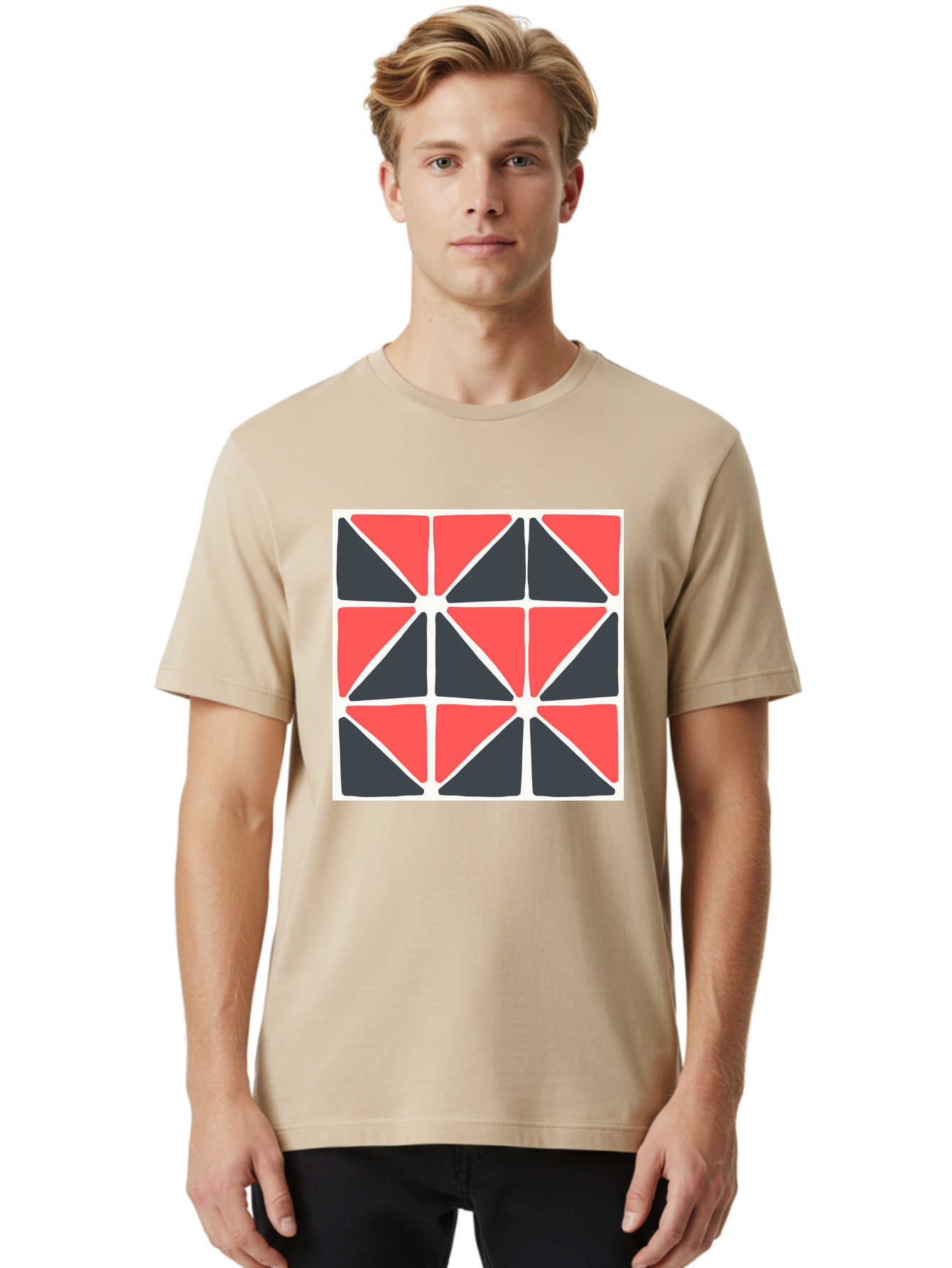 Geometric-Pattern-3 Men'S Graphic Tee, 100% Cotton, Comfortable Casual Summer Wear, Machine Washable, Geometric Pattern, Red And Black Triangles, Abstract Design, Symmetrical Shapes, Modern Art, Minimalist Style, Bold Colors, Aab751