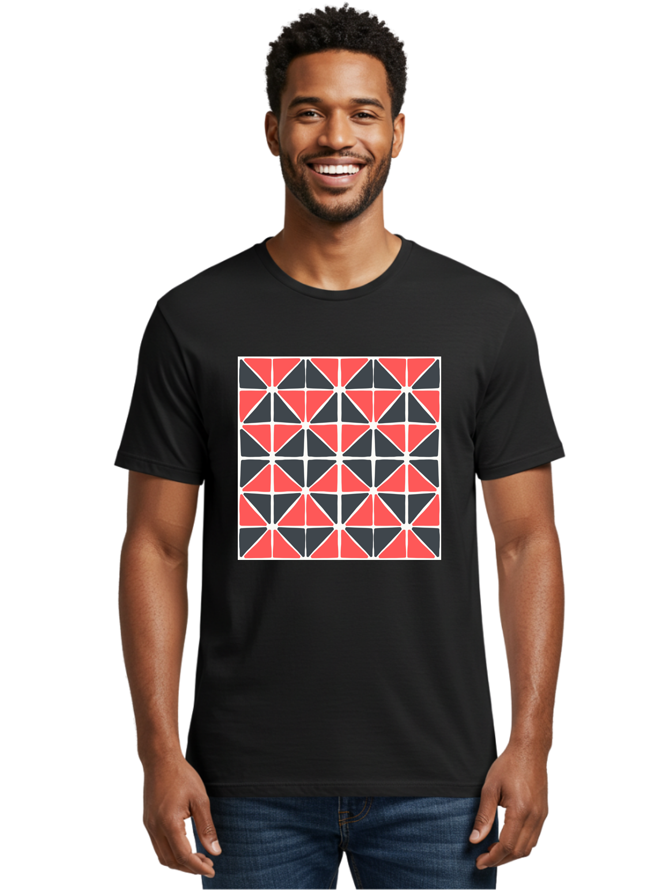 Geometric-Pattern Men'S Graphic Tee, 100% Cotton, Comfortable Casual Summer Wear, Machine Washable, Geometric Pattern, Red And Black Triangles, Abstract Design, Modern Art, Seamless Pattern, Graphic Design, Symmetrical Shapes, Aab752
