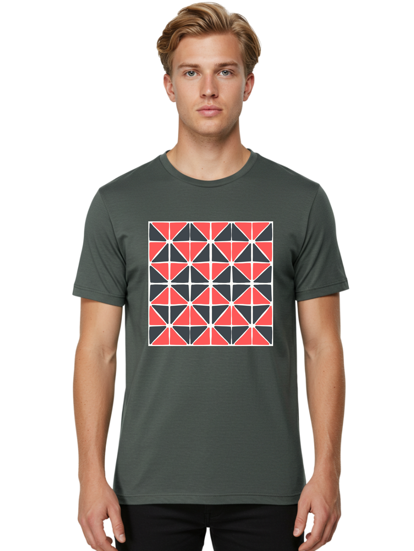 Geometric-Pattern Men'S Graphic Tee, 100% Cotton, Comfortable Casual Summer Wear, Machine Washable, Geometric Pattern, Red And Black Triangles, Abstract Design, Modern Art, Seamless Pattern, Graphic Design, Symmetrical Shapes, Aab752
