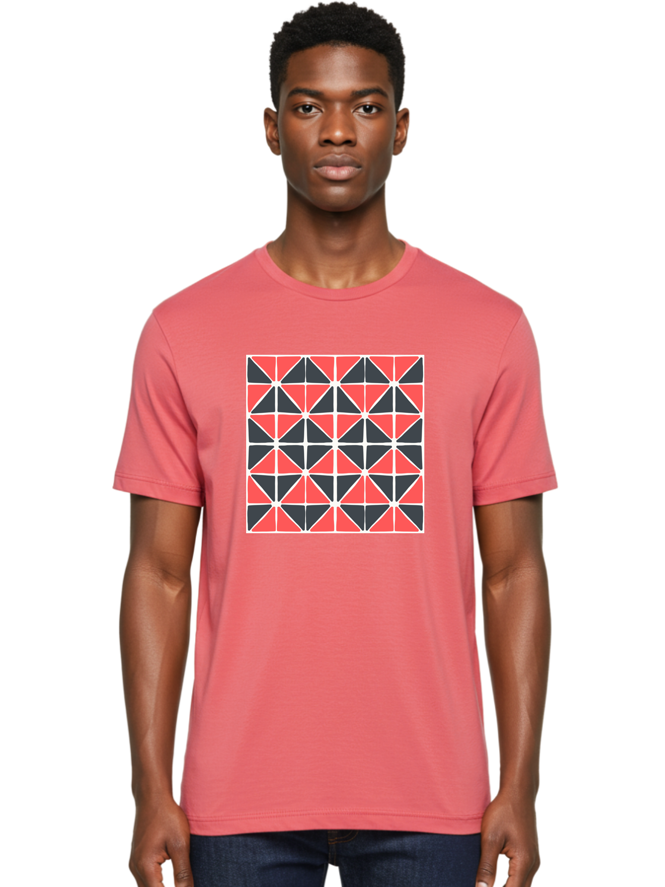 Geometric-Pattern Men'S Graphic Tee, 100% Cotton, Comfortable Casual Summer Wear, Machine Washable, Geometric Pattern, Red And Black Triangles, Abstract Design, Modern Art, Seamless Pattern, Graphic Design, Symmetrical Shapes, Aab752