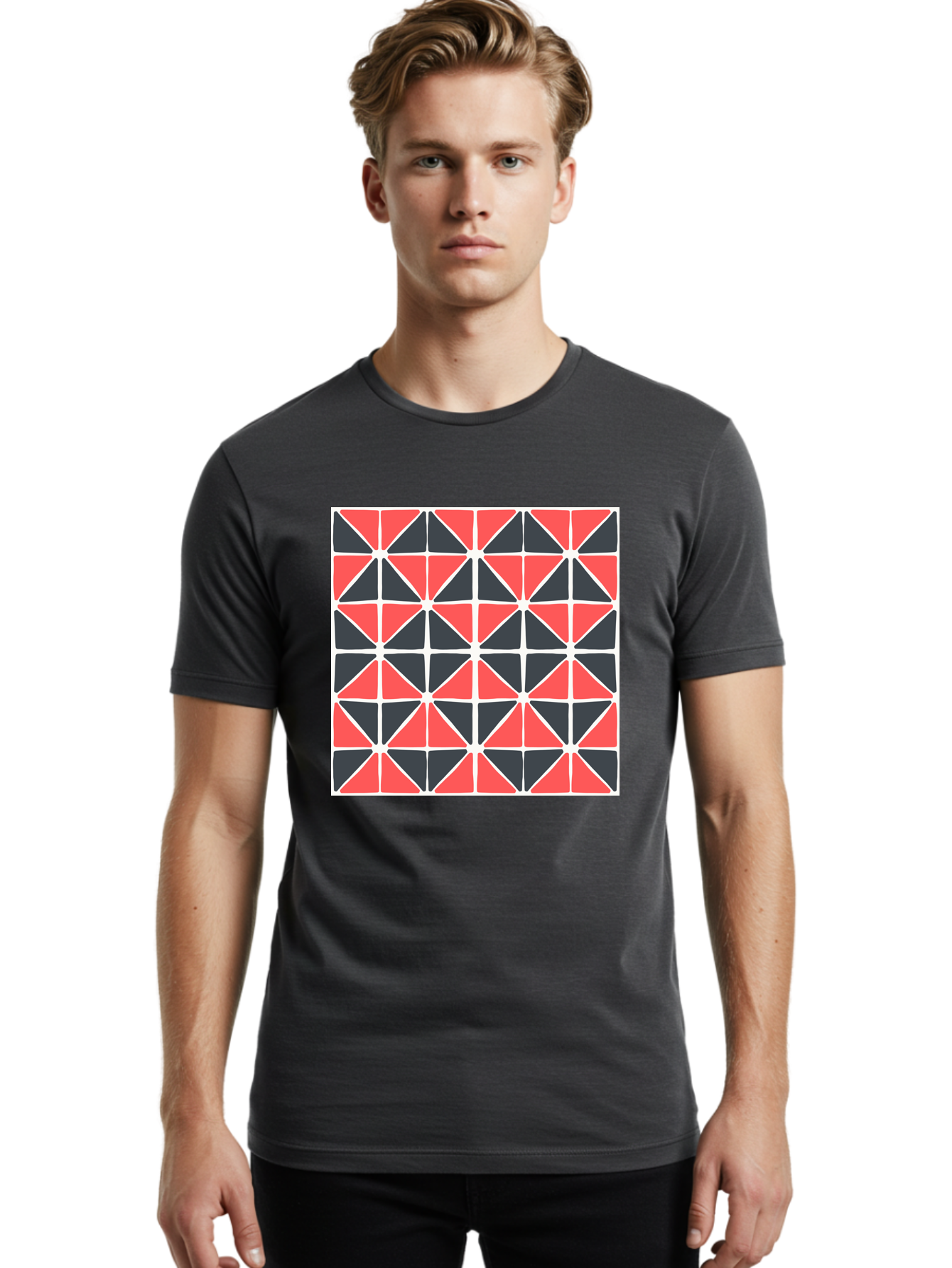 Geometric-Pattern Men'S Graphic Tee, 100% Cotton, Comfortable Casual Summer Wear, Machine Washable, Geometric Pattern, Red And Black Triangles, Abstract Design, Modern Art, Seamless Pattern, Graphic Design, Symmetrical Shapes, Aab752