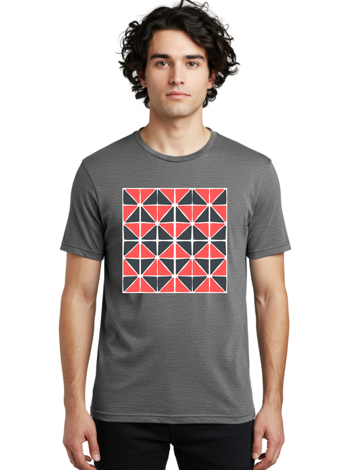 Geometric-Pattern Men'S Graphic Tee, 100% Cotton, Comfortable Casual Summer Wear, Machine Washable, Geometric Pattern, Red And Black Triangles, Abstract Design, Modern Art, Seamless Pattern, Graphic Design, Symmetrical Shapes, Aab752