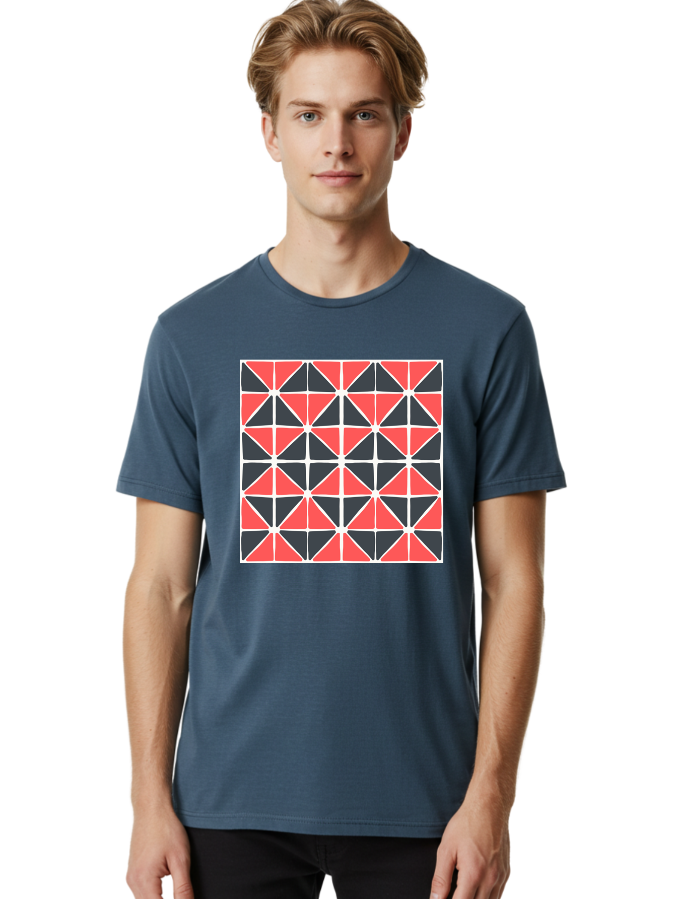 Geometric-Pattern Men'S Graphic Tee, 100% Cotton, Comfortable Casual Summer Wear, Machine Washable, Geometric Pattern, Red And Black Triangles, Abstract Design, Modern Art, Seamless Pattern, Graphic Design, Symmetrical Shapes, Aab752