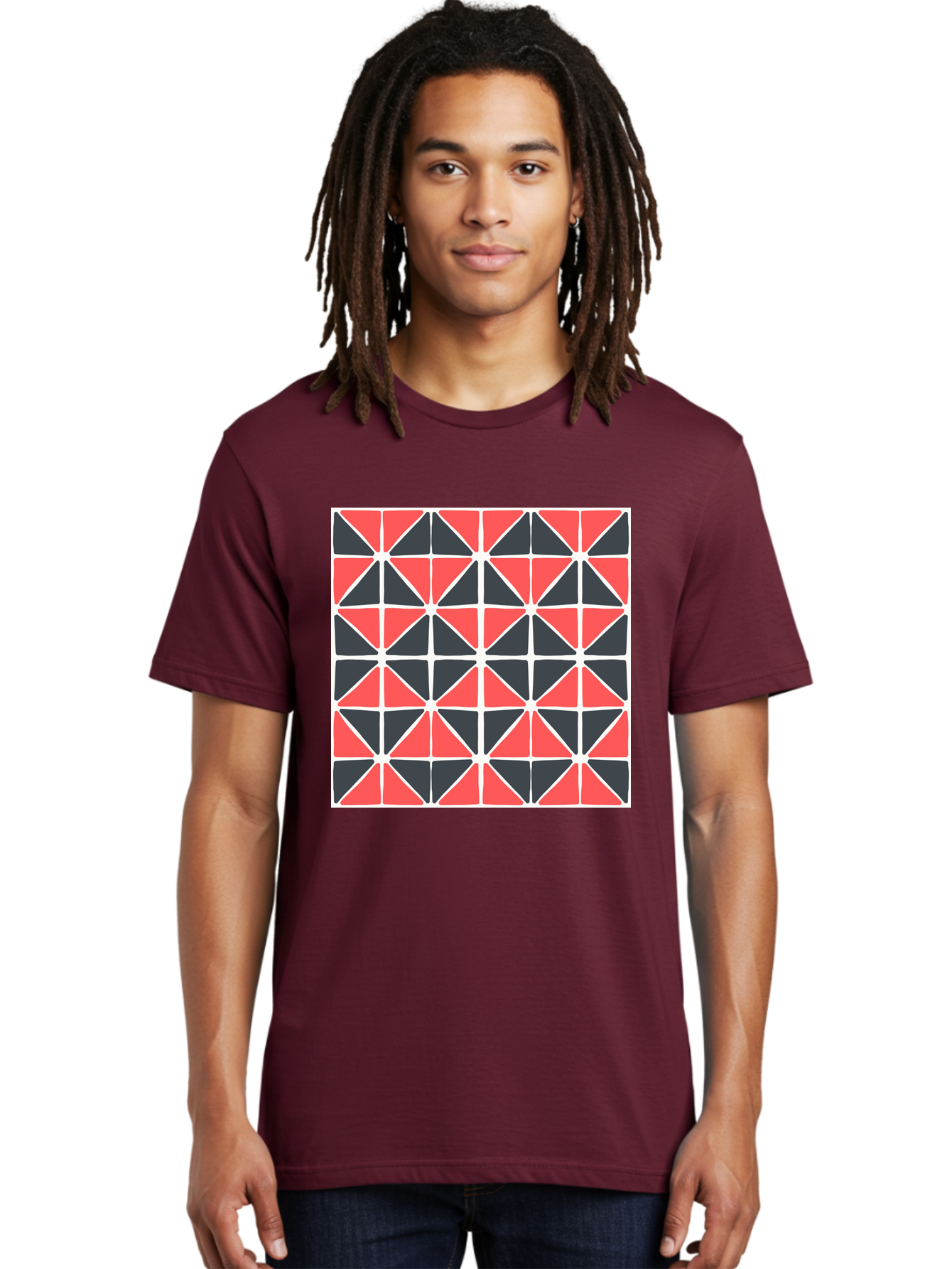 Geometric-Pattern Men'S Graphic Tee, 100% Cotton, Comfortable Casual Summer Wear, Machine Washable, Geometric Pattern, Red And Black Triangles, Abstract Design, Modern Art, Seamless Pattern, Graphic Design, Symmetrical Shapes, Aab752