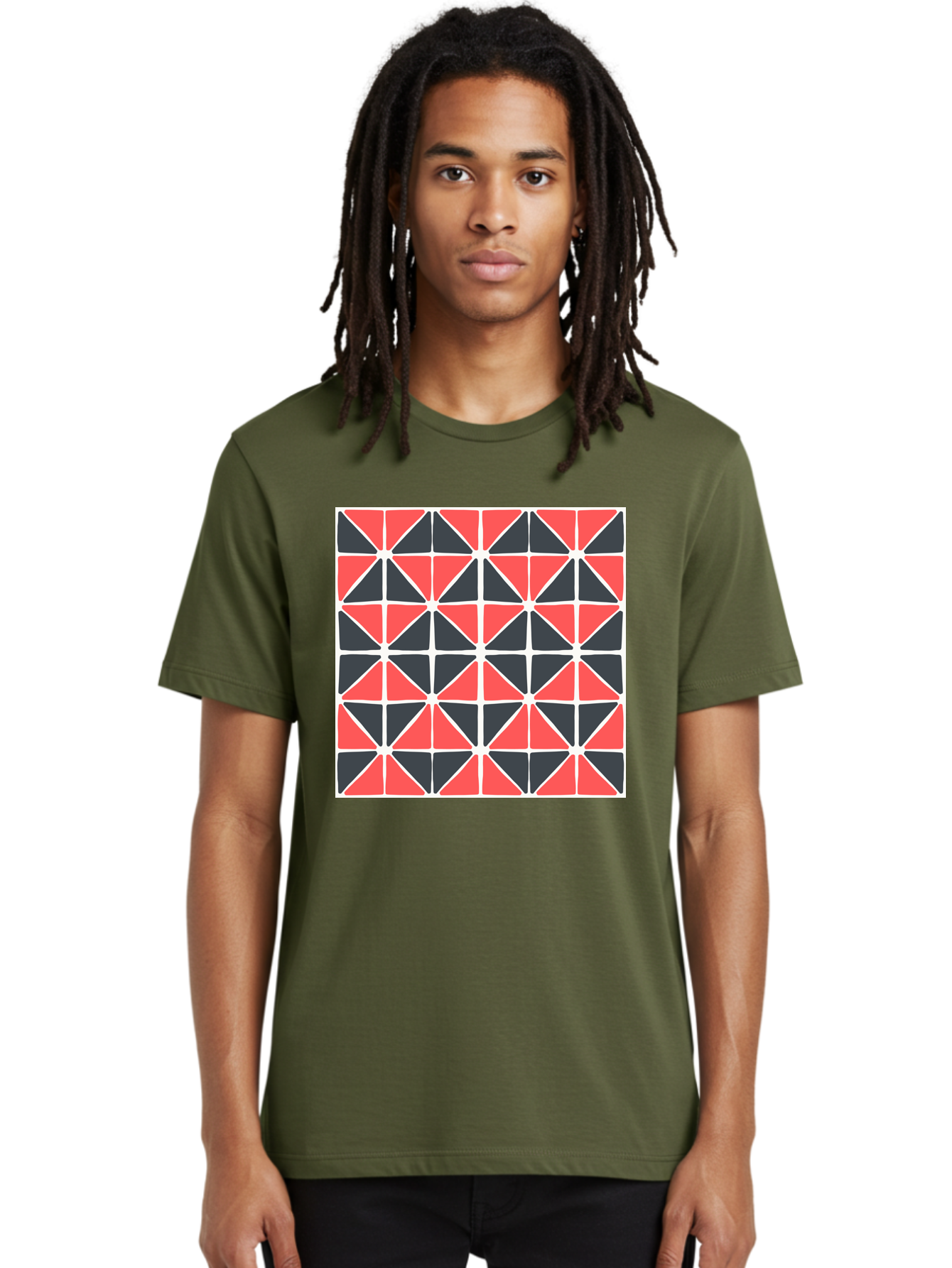 Geometric-Pattern Men'S Graphic Tee, 100% Cotton, Comfortable Casual Summer Wear, Machine Washable, Geometric Pattern, Red And Black Triangles, Abstract Design, Modern Art, Seamless Pattern, Graphic Design, Symmetrical Shapes, Aab752