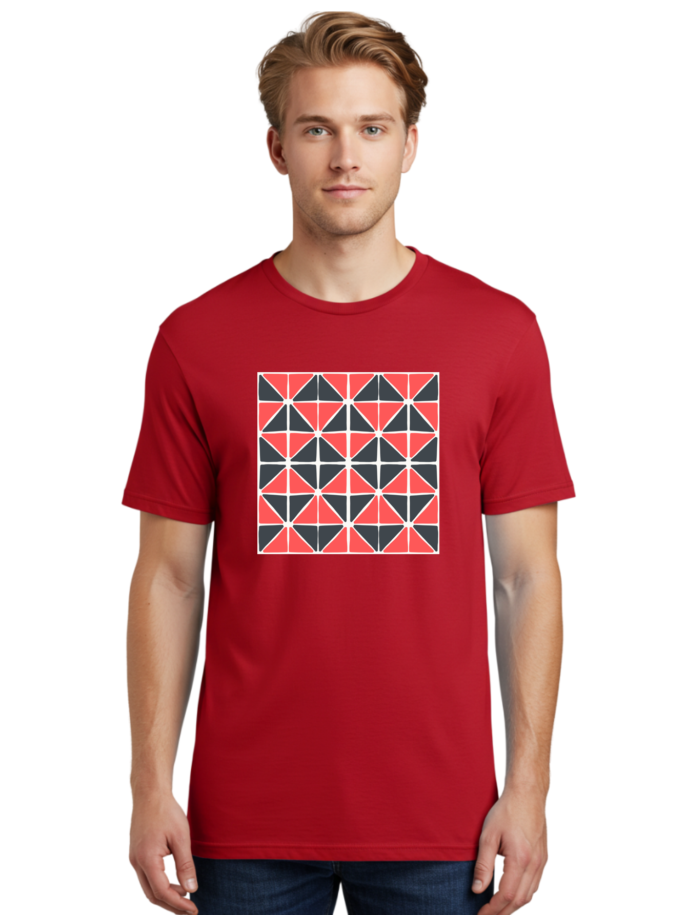Geometric-Pattern Men'S Graphic Tee, 100% Cotton, Comfortable Casual Summer Wear, Machine Washable, Geometric Pattern, Red And Black Triangles, Abstract Design, Modern Art, Seamless Pattern, Graphic Design, Symmetrical Shapes, Aab752