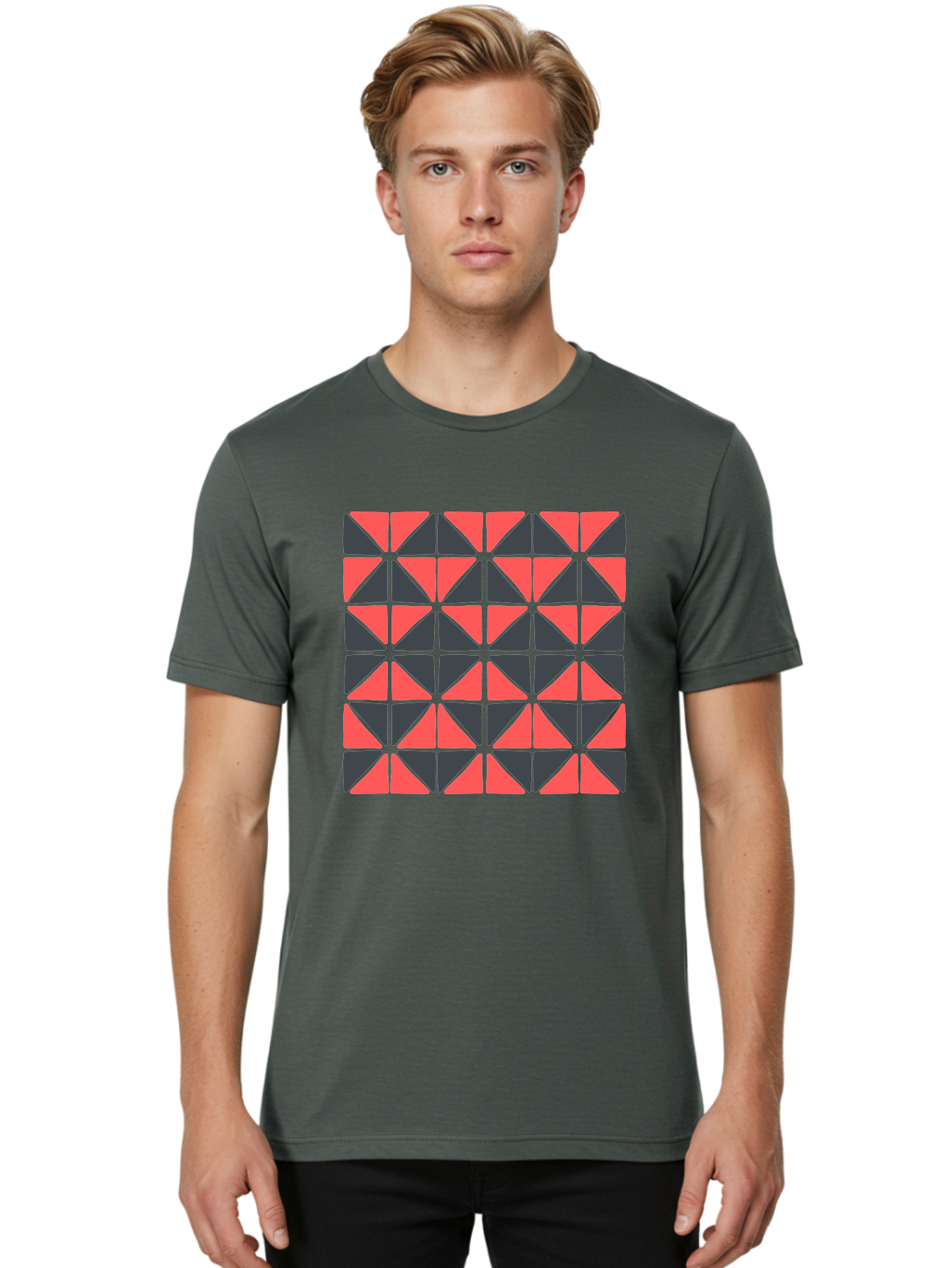 Geometric-Triangles Men'S Graphic Tee, 100% Cotton, Comfortable Casual Summer Wear, Machine Washable, Repeating Pattern Of Triangles, Geometric Shapes, Symmetrical Design, Black And Red Triangles, Abstract Art, Modern Graphic Design, Aab753