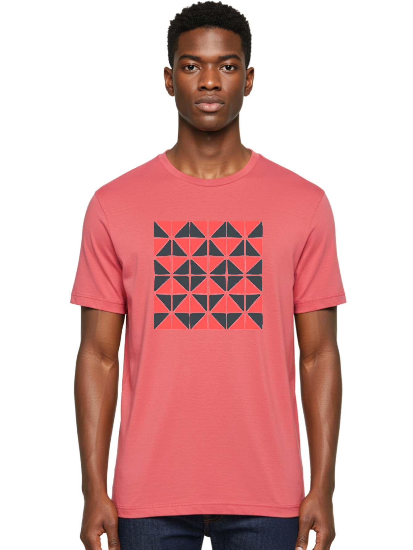 Geometric-Triangles Men'S Graphic Tee, 100% Cotton, Comfortable Casual Summer Wear, Machine Washable, Repeating Pattern Of Triangles, Geometric Shapes, Symmetrical Design, Black And Red Triangles, Abstract Art, Modern Graphic Design, Aab753