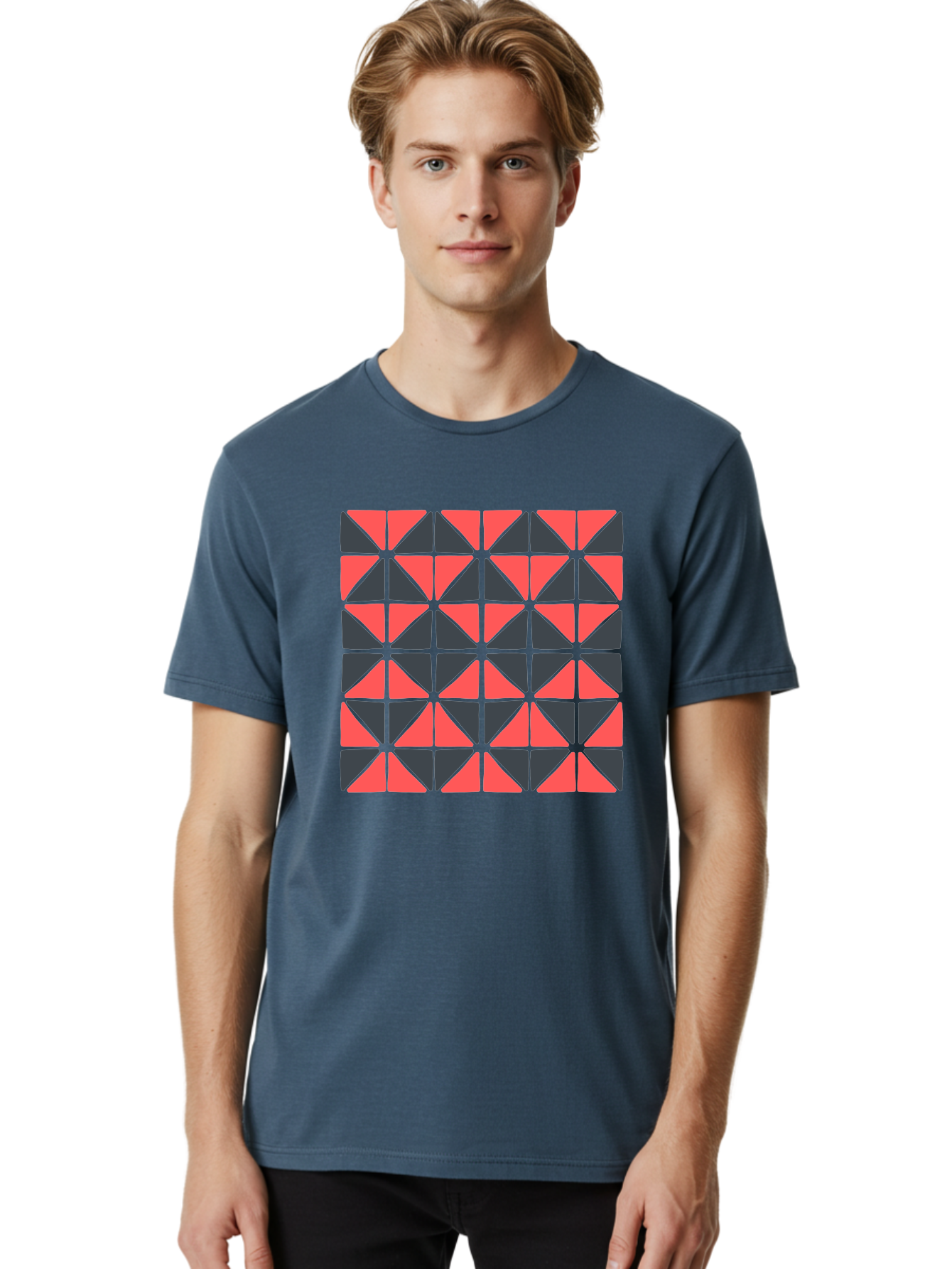 Geometric-Triangles Men'S Graphic Tee, 100% Cotton, Comfortable Casual Summer Wear, Machine Washable, Repeating Pattern Of Triangles, Geometric Shapes, Symmetrical Design, Black And Red Triangles, Abstract Art, Modern Graphic Design, Aab753