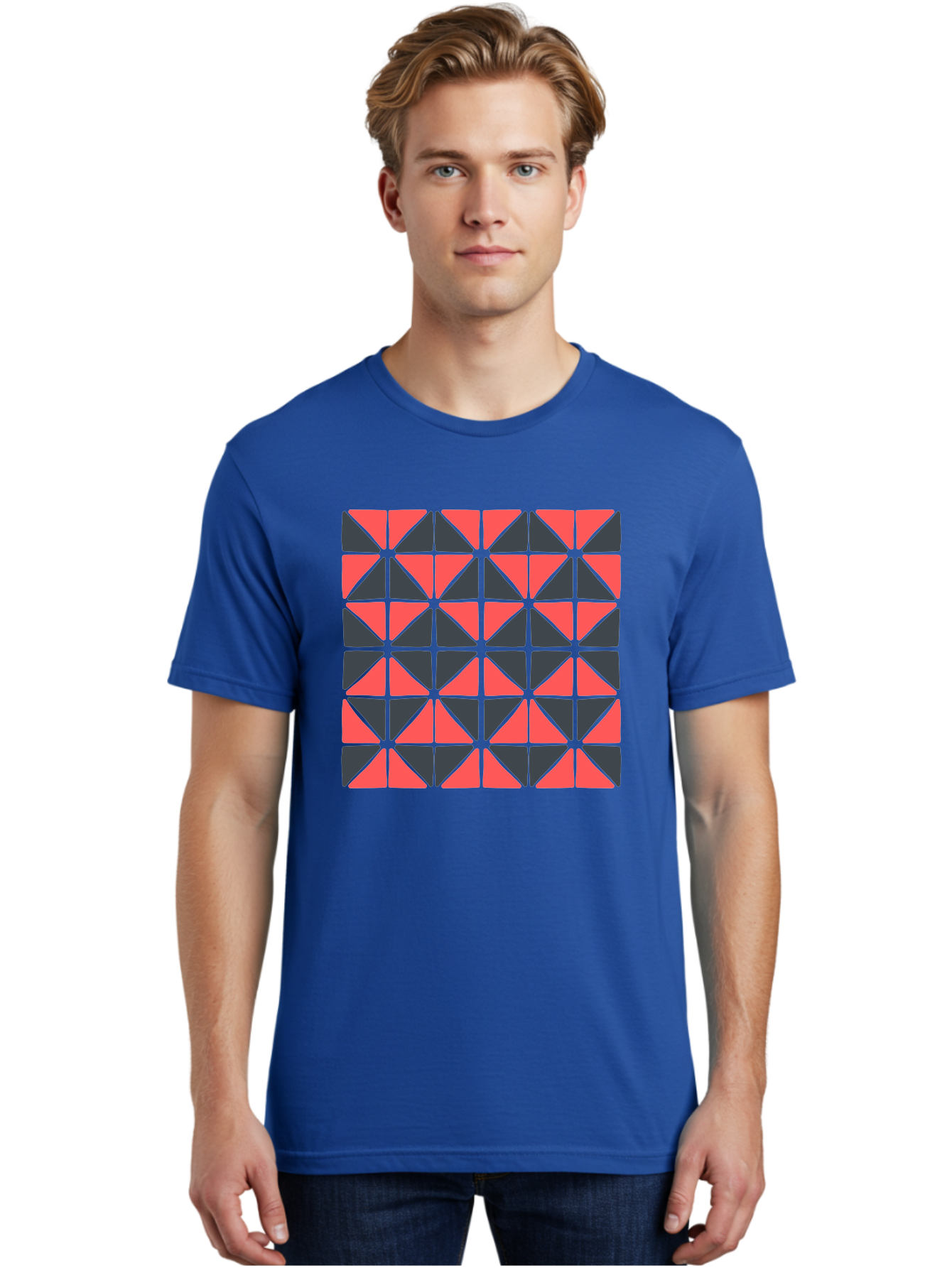 Geometric-Triangles Men'S Graphic Tee, 100% Cotton, Comfortable Casual Summer Wear, Machine Washable, Repeating Pattern Of Triangles, Geometric Shapes, Symmetrical Design, Black And Red Triangles, Abstract Art, Modern Graphic Design, Aab753