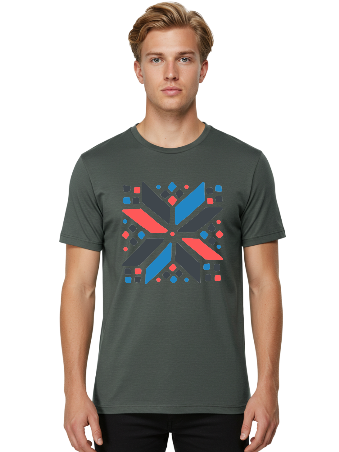 Kaleidoscope-Pattern-1 Men'S Graphic Tee, 100% Cotton, Comfortable Casual Summer Wear, Machine Washable, Symmetrical Shapes, Geometric Pattern, Abstract Design, Colorful Elements, Modern Art, Artistic Expression, Vibrant Colors, Bold Design, Aab757