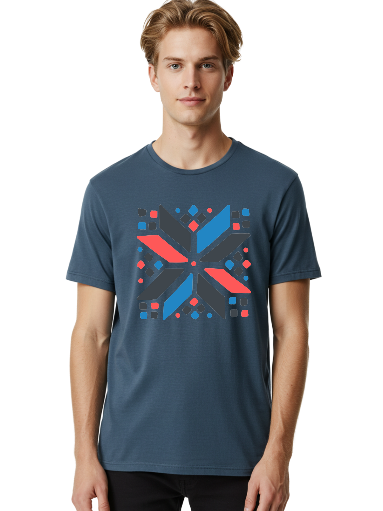 Kaleidoscope-Pattern-1 Men'S Graphic Tee, 100% Cotton, Comfortable Casual Summer Wear, Machine Washable, Symmetrical Shapes, Geometric Pattern, Abstract Design, Colorful Elements, Modern Art, Artistic Expression, Vibrant Colors, Bold Design, Aab757