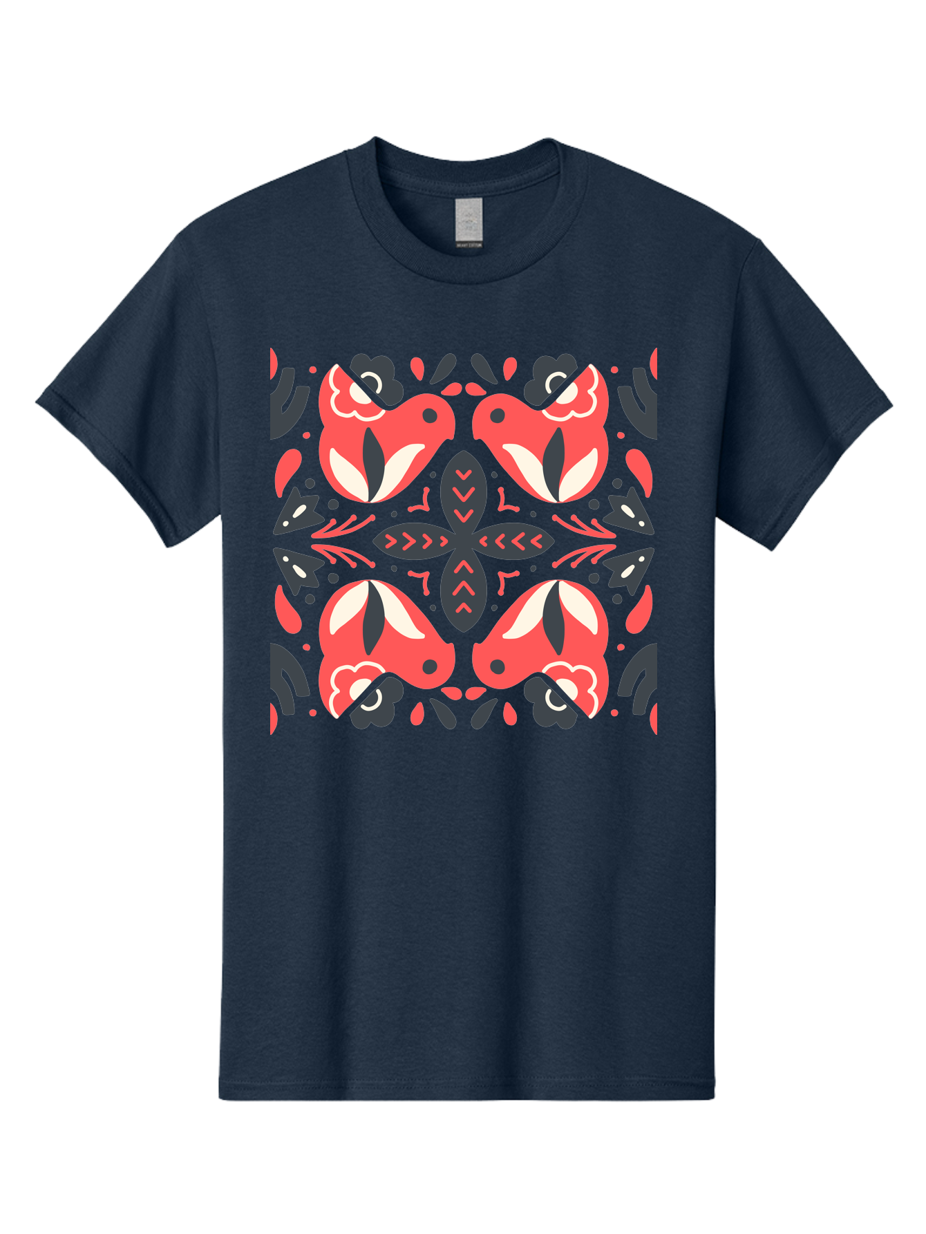 Kaleidoscope-Pattern Men'S Graphic Tee, 100% Cotton, Comfortable Casual Summer Wear, Machine Washable, Symmetrical Pattern, Floral Design, Abstract Shapes, Vibrant Colors, Bold Graphics, Modern Art, Red And White Flowers, Black Accents, Aab758