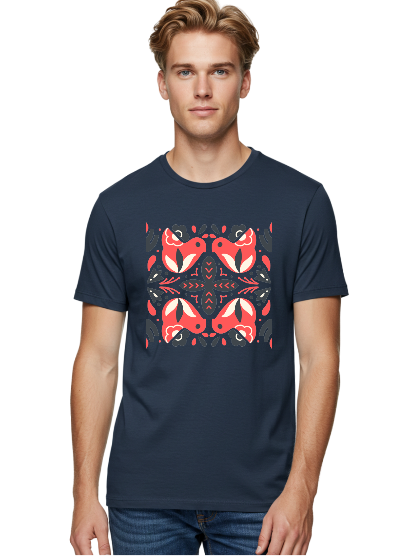 Kaleidoscope-Pattern Men'S Graphic Tee, 100% Cotton, Comfortable Casual Summer Wear, Machine Washable, Symmetrical Pattern, Floral Design, Abstract Shapes, Vibrant Colors, Bold Graphics, Modern Art, Red And White Flowers, Black Accents, Aab758