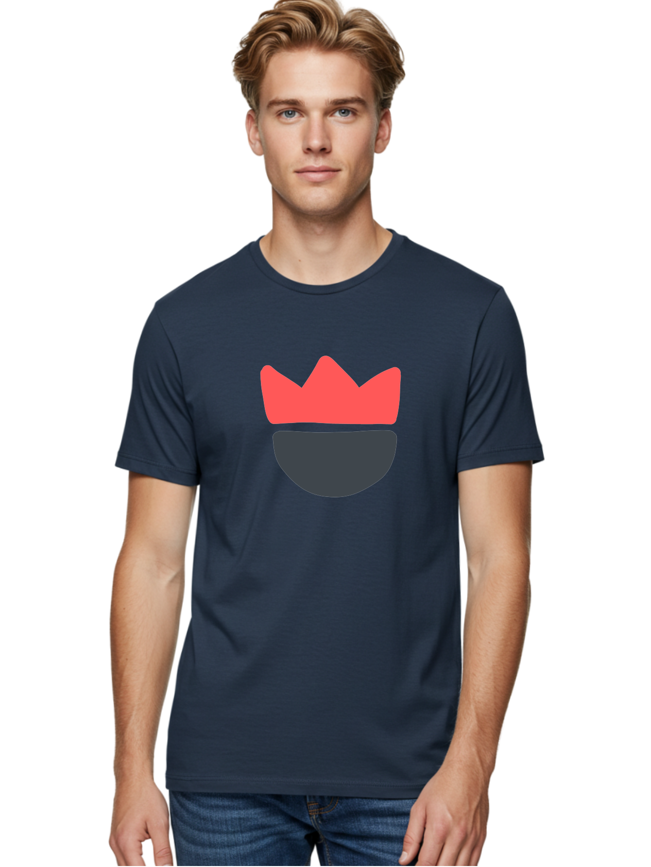 King-Face Men'S Graphic Tee, 100% Cotton, Comfortable Casual Summer Wear, Machine Washable, Crown, Bearded Man, Dark Blue Beard, Red Crown, Simple Illustration, Minimalist Art, Modern Design, King Icon, Facial Representation, Digital Graphics Aab759