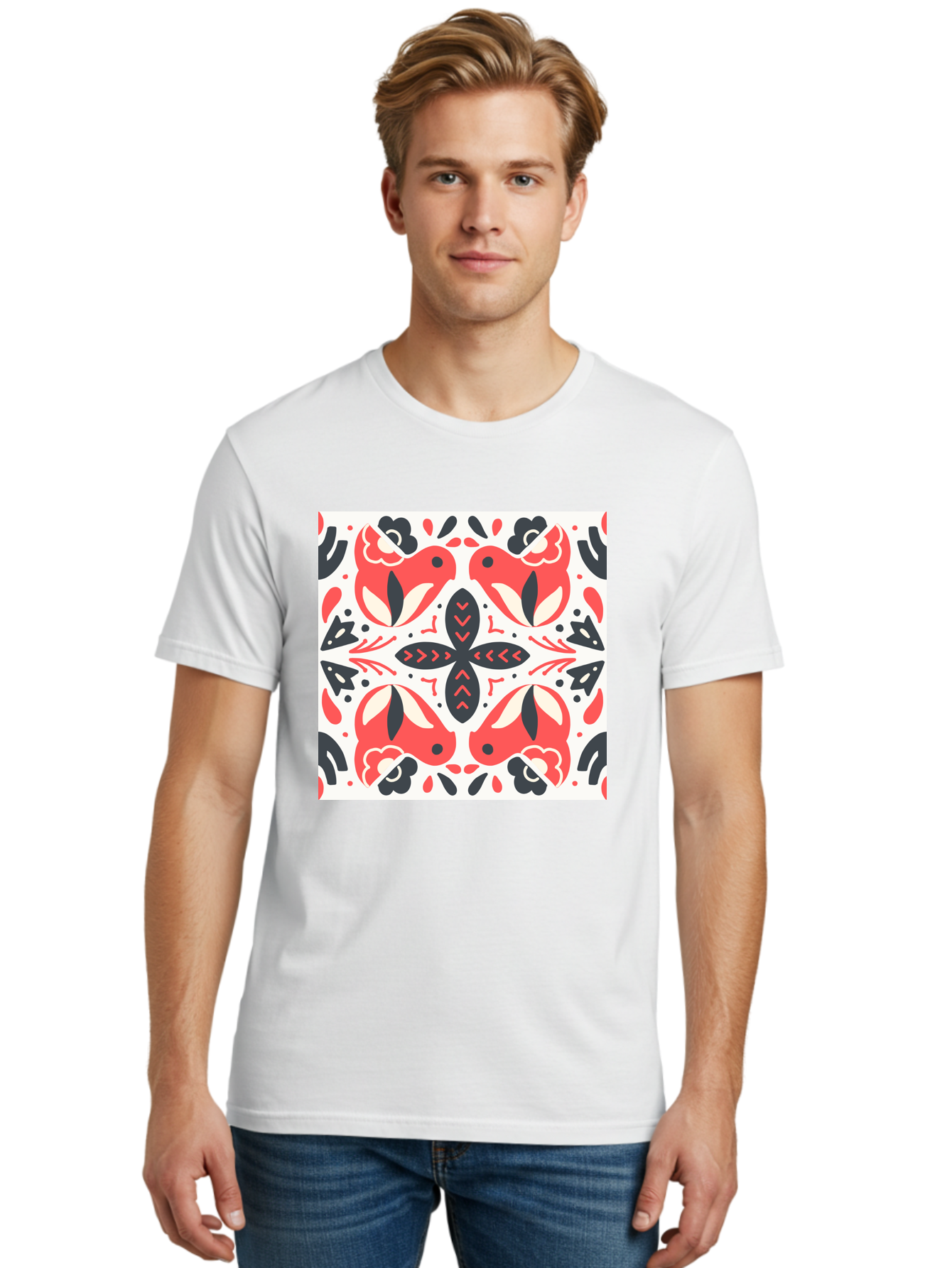 Koi-Fish-Pattern Men'S Graphic Tee, 100% Cotton, Comfortable Casual Summer Wear, Machine Washable, Koi Fish Pattern, Red And Black Design, Floral Motifs, Symmetrical Pattern, Abstract Shapes, Decorative Elements, Traditional Japanese Design, Aab761