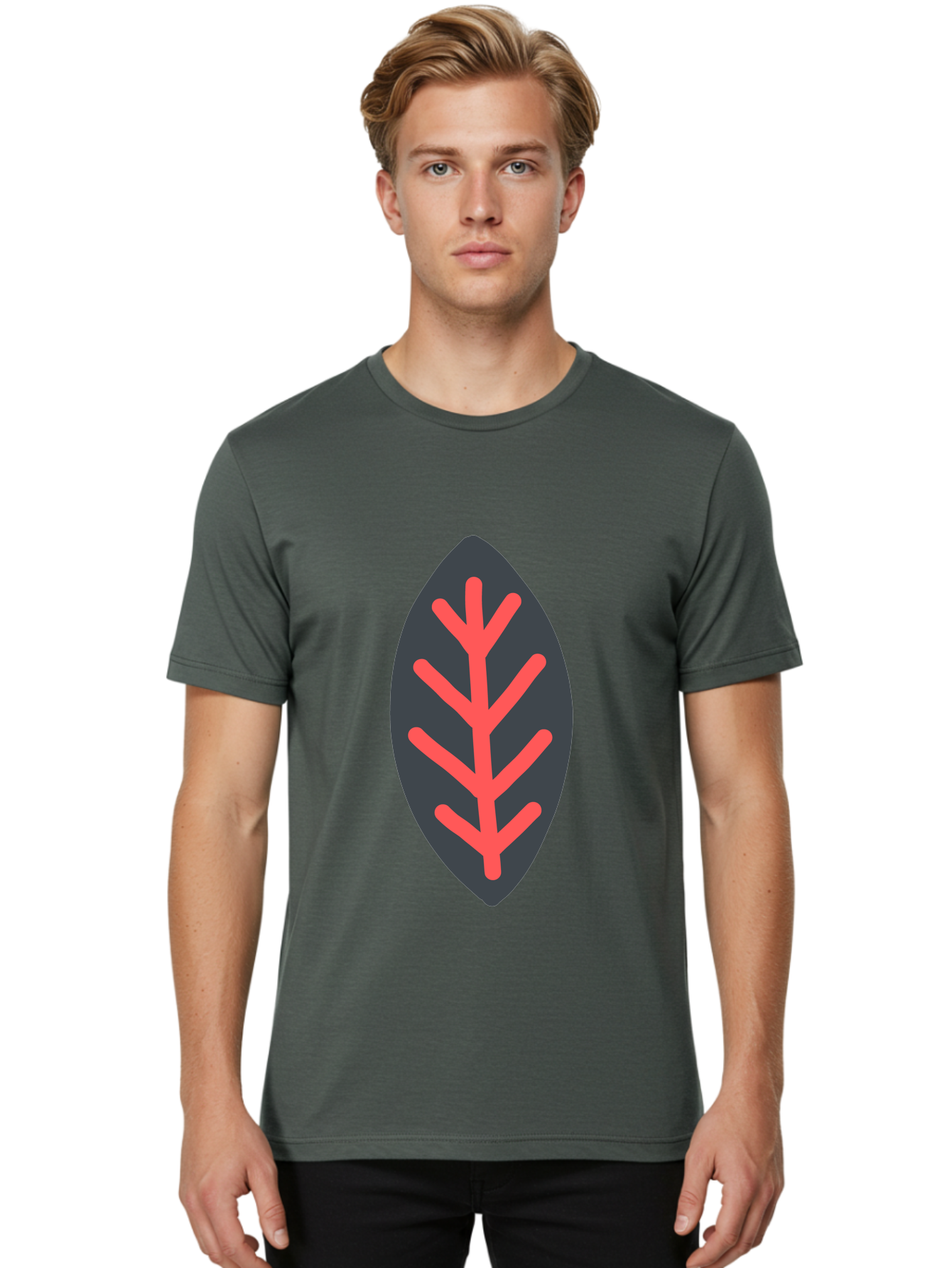 Leaf-Icon Men'S Graphic Tee, 100% Cotton, Comfortable Casual Summer Wear, Machine Washable, Stylized Leaf, Dark Gray Leaf, Red Veins, Minimalist Design, Simple Shapes, Abstract Foliage, Botanical Icon Aab762