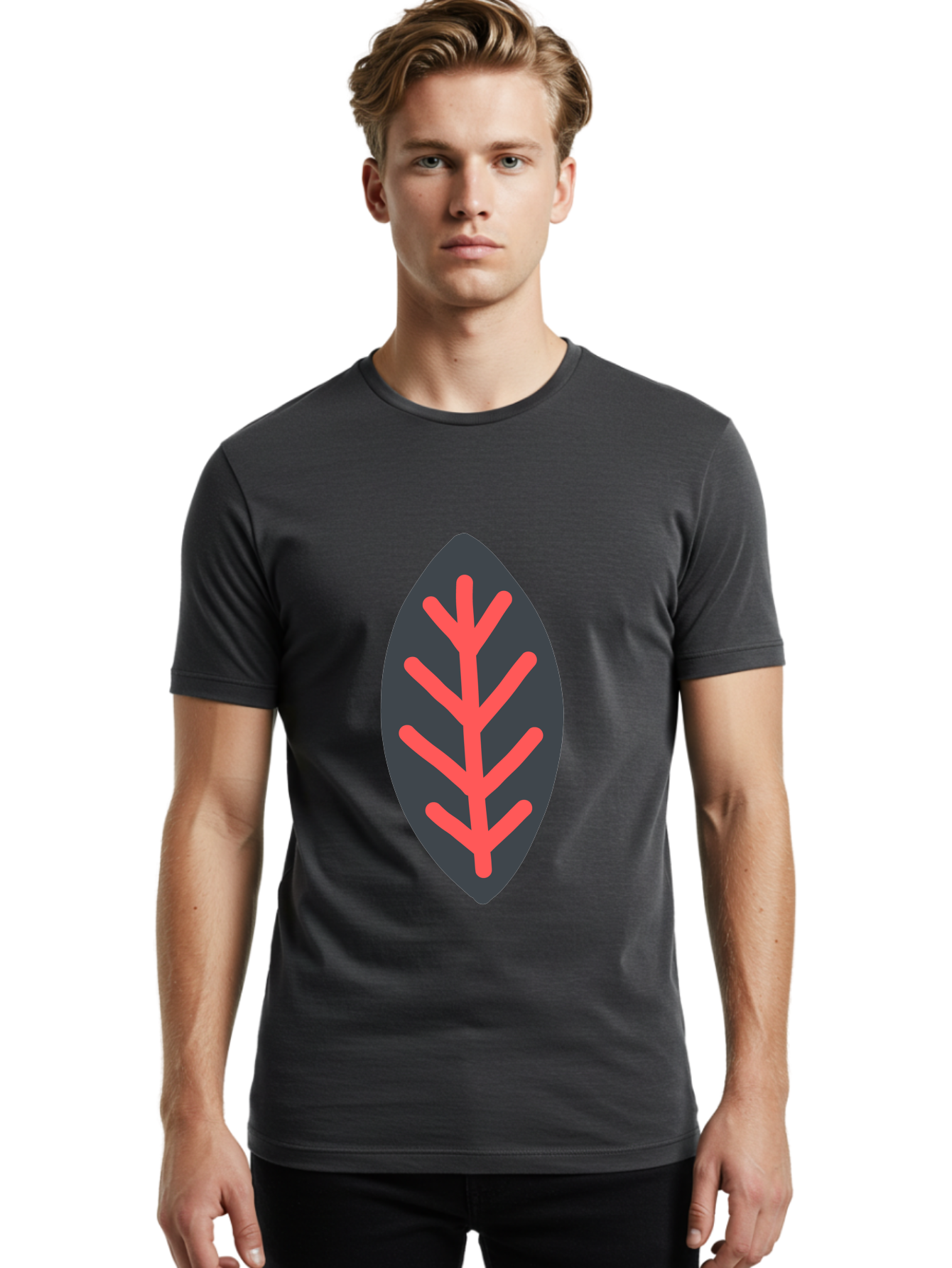 Leaf-Icon Men'S Graphic Tee, 100% Cotton, Comfortable Casual Summer Wear, Machine Washable, Stylized Leaf, Dark Gray Leaf, Red Veins, Minimalist Design, Simple Shapes, Abstract Foliage, Botanical Icon Aab762