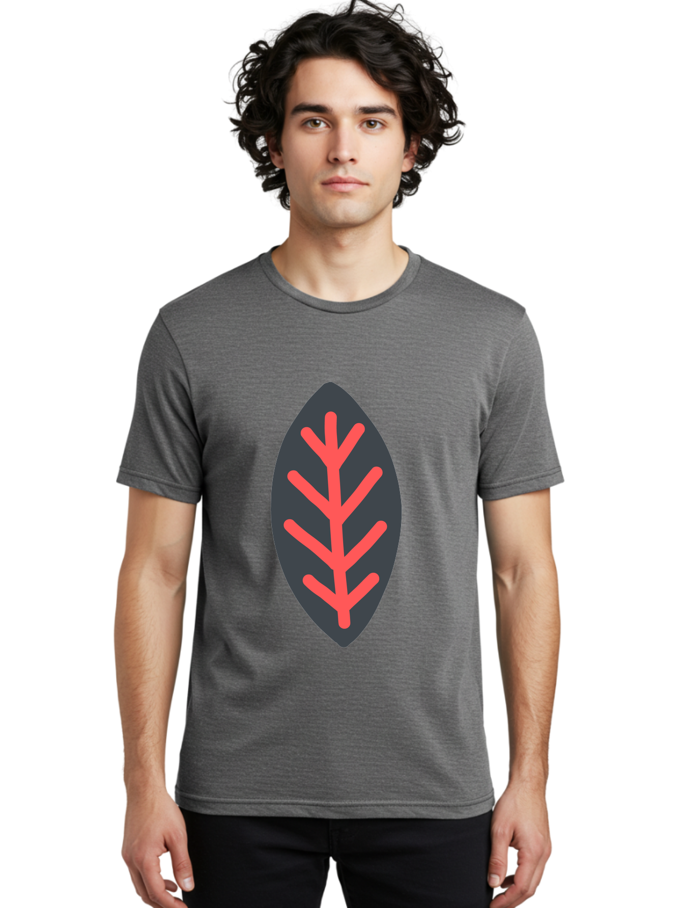 Leaf-Icon Men'S Graphic Tee, 100% Cotton, Comfortable Casual Summer Wear, Machine Washable, Stylized Leaf, Dark Gray Leaf, Red Veins, Minimalist Design, Simple Shapes, Abstract Foliage, Botanical Icon Aab762
