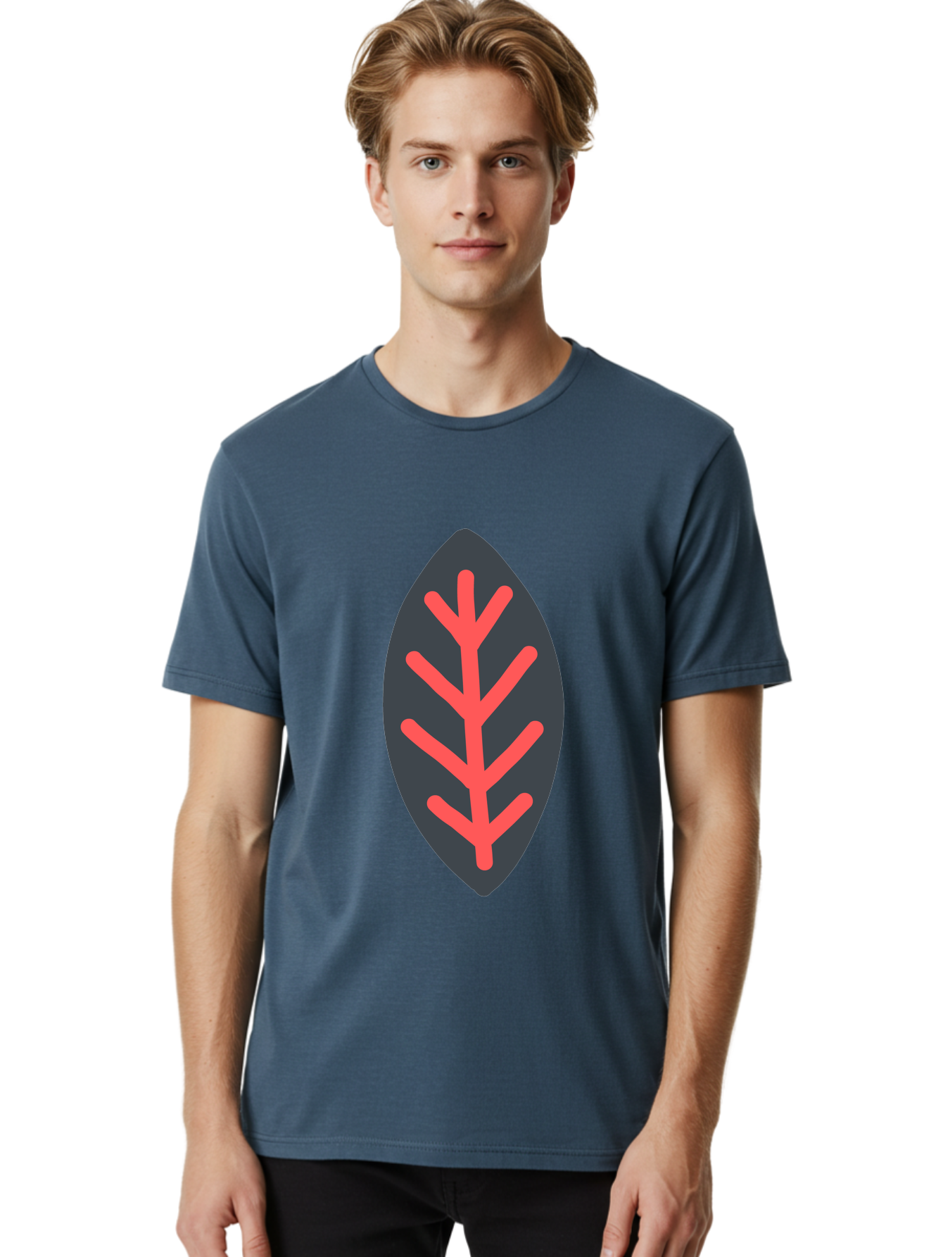 Leaf-Icon Men'S Graphic Tee, 100% Cotton, Comfortable Casual Summer Wear, Machine Washable, Stylized Leaf, Dark Gray Leaf, Red Veins, Minimalist Design, Simple Shapes, Abstract Foliage, Botanical Icon Aab762