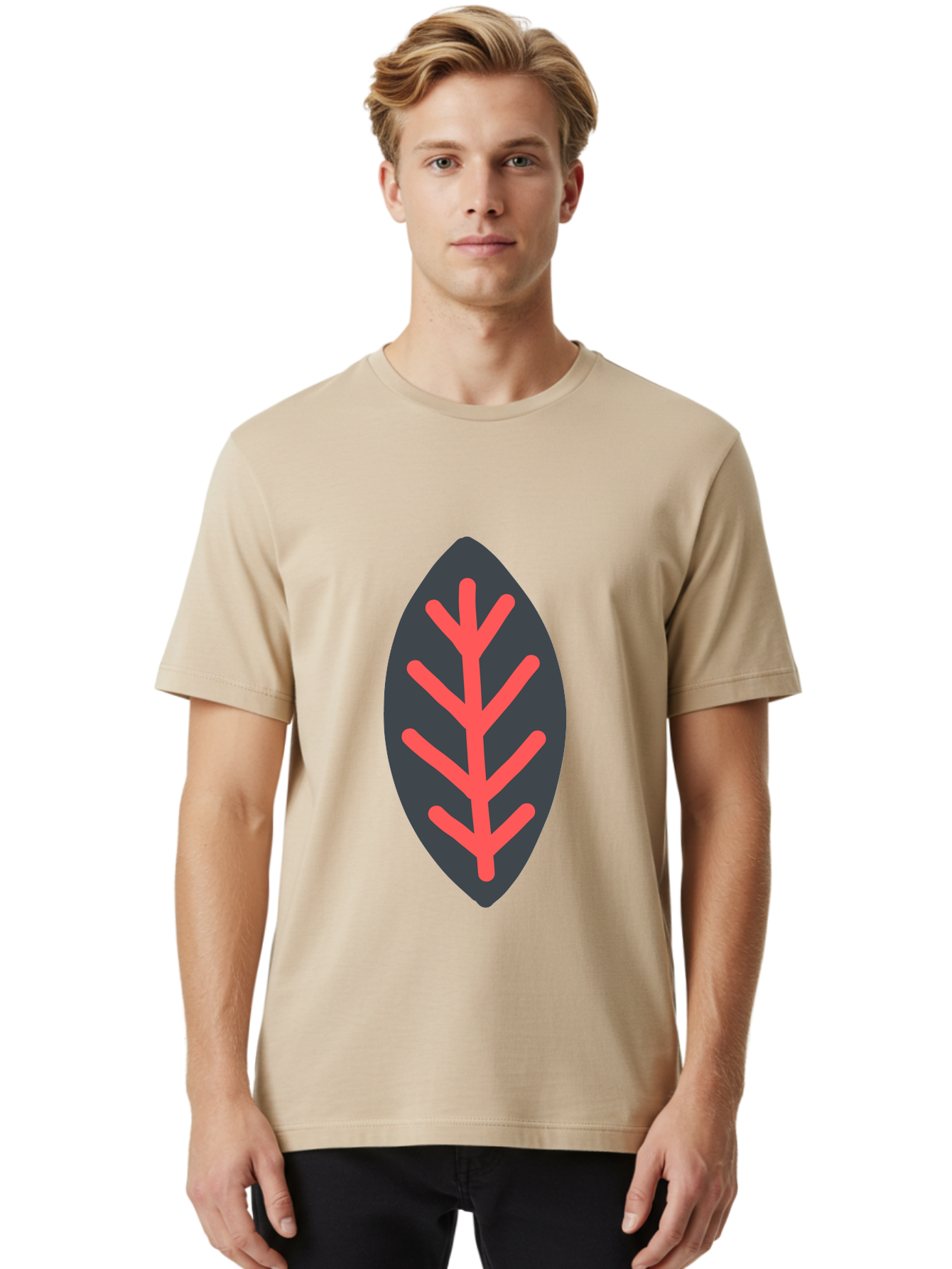 Leaf-Icon Men'S Graphic Tee, 100% Cotton, Comfortable Casual Summer Wear, Machine Washable, Stylized Leaf, Dark Gray Leaf, Red Veins, Minimalist Design, Simple Shapes, Abstract Foliage, Botanical Icon Aab762