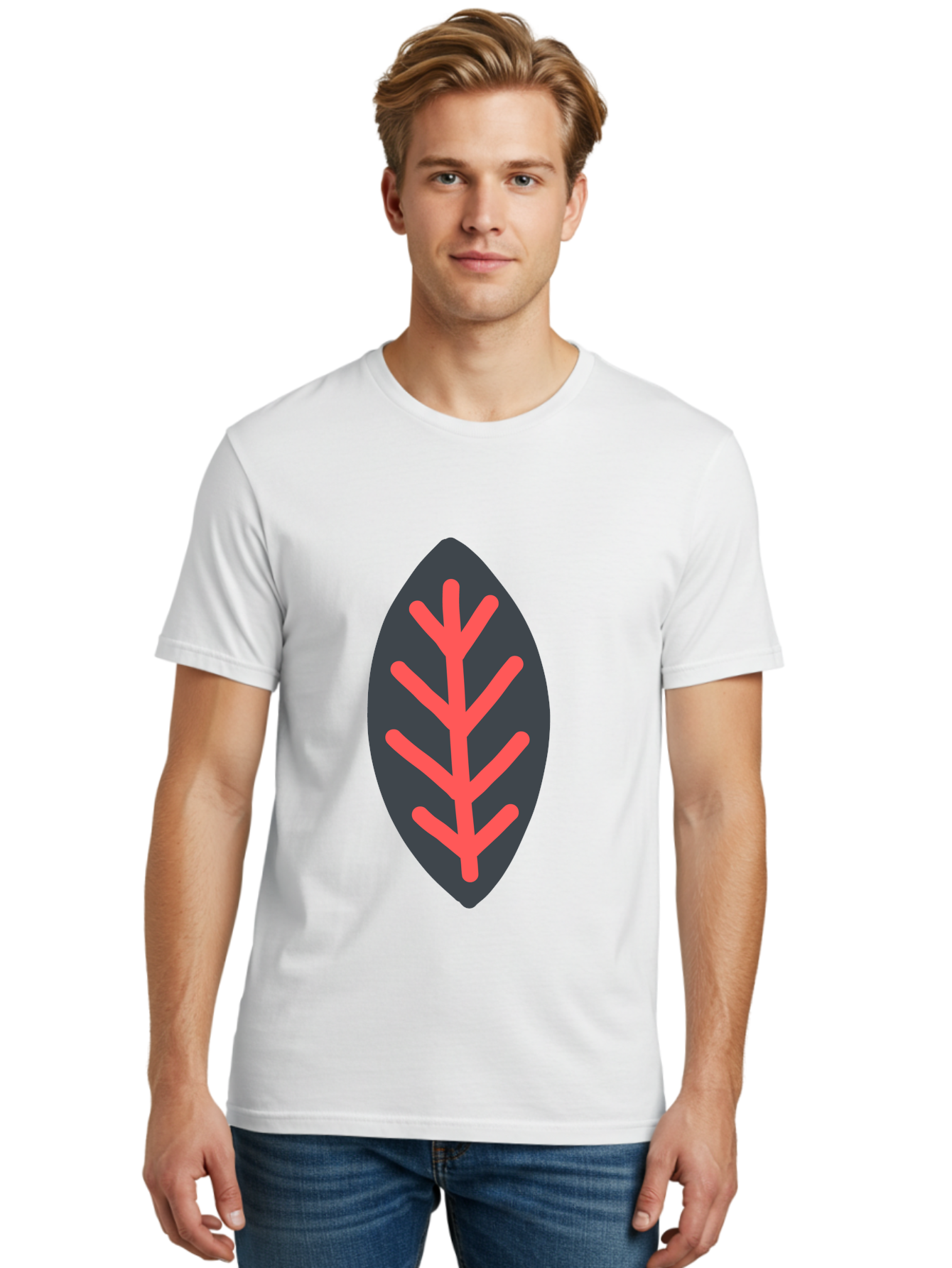 Leaf-Icon Men'S Graphic Tee, 100% Cotton, Comfortable Casual Summer Wear, Machine Washable, Stylized Leaf, Dark Gray Leaf, Red Veins, Minimalist Design, Simple Shapes, Abstract Foliage, Botanical Icon Aab762