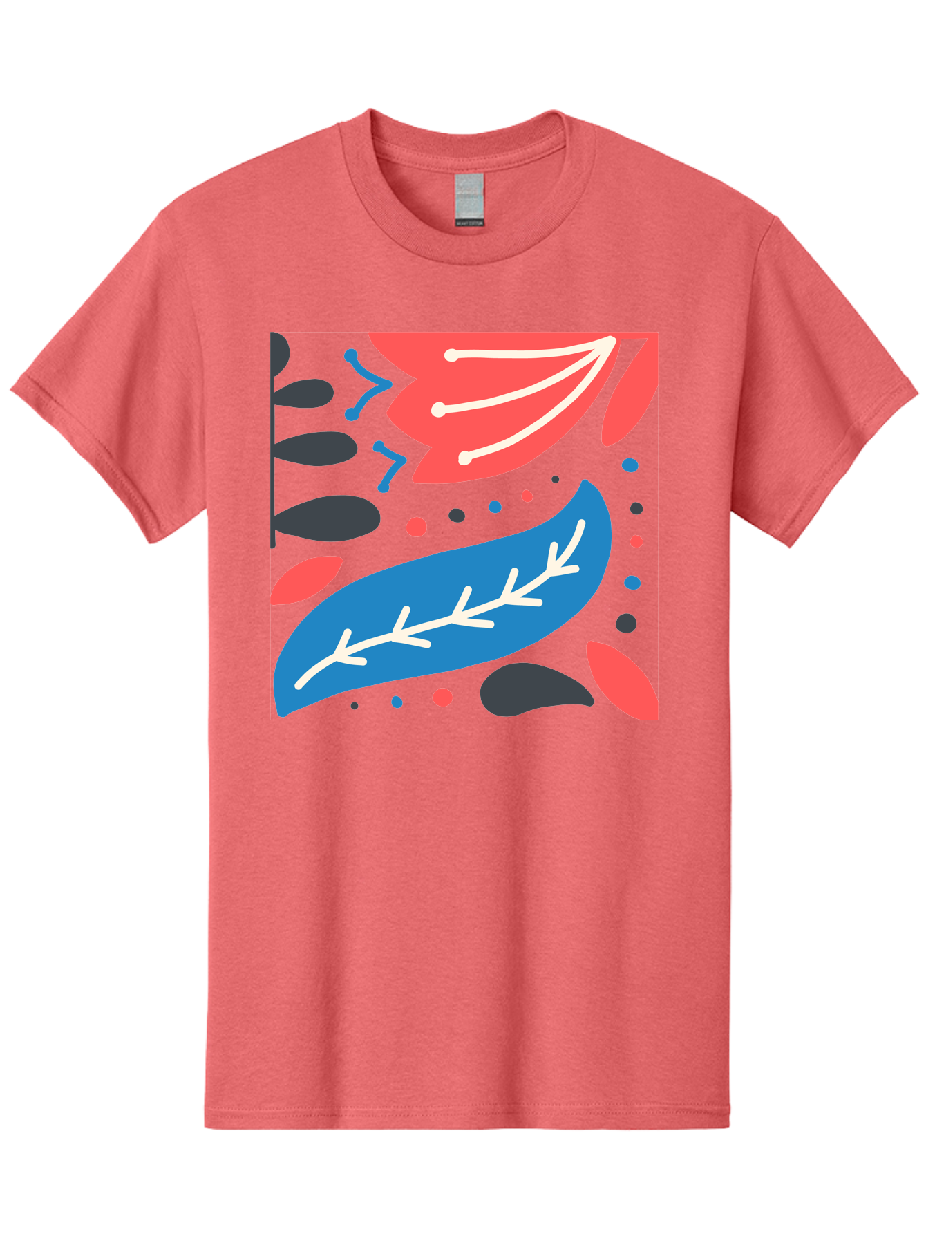 Leaf-Pattern Men'S Graphic Tee, 100% Cotton, Comfortable Casual Summer Wear, Machine Washable, Stylized Leaves, Abstract Design, Colorful Shapes, Playful Pattern, Blue And Red Leaves, White Veins, Scattered Dots, Creative Artwork, Aab763