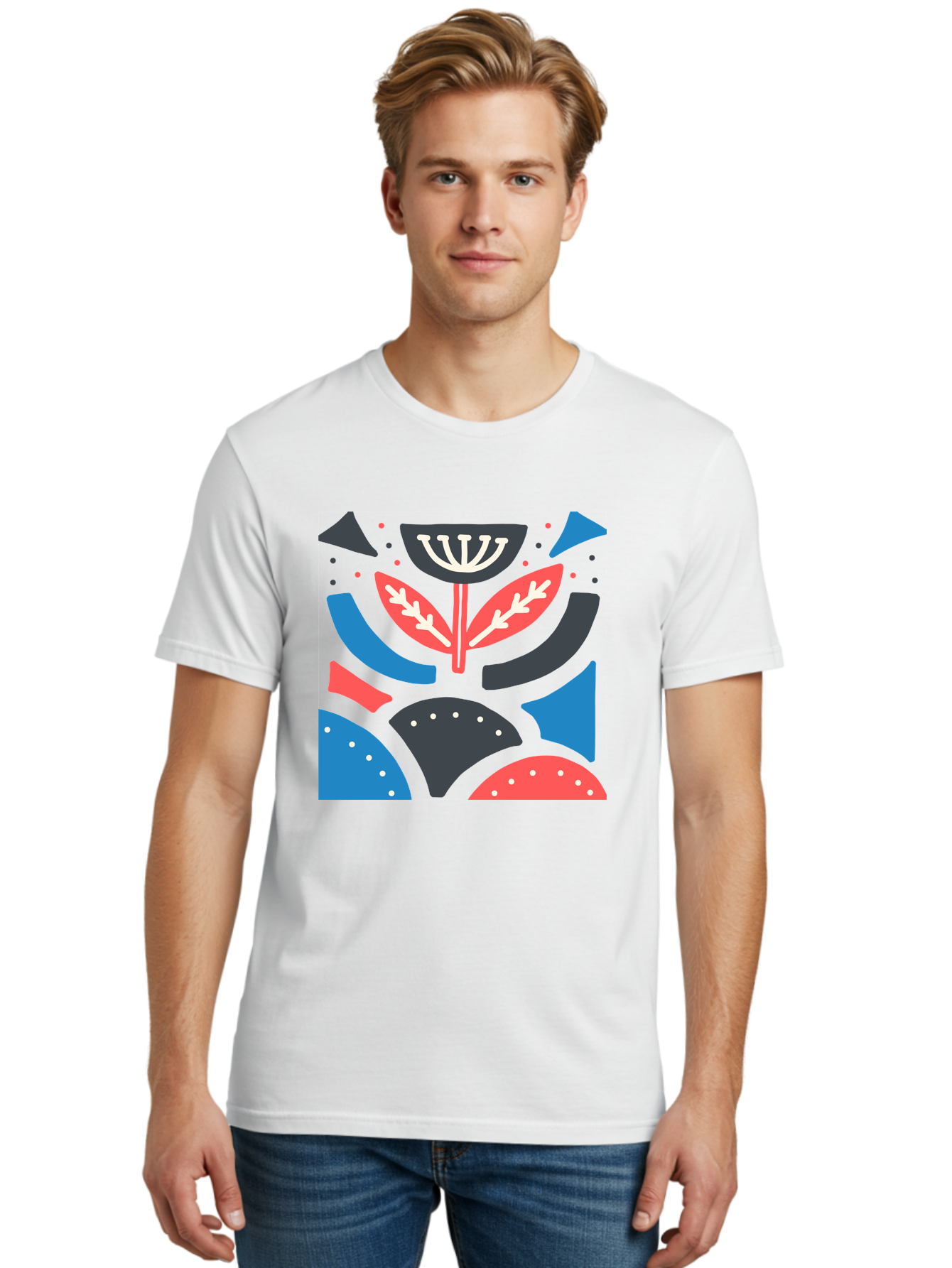 Menorah-Illustration Men'S Graphic Tee, 100% Cotton, Comfortable Casual Summer Wear, Machine Washable, Menorah Illustration, Abstract Floral Design, Hanukkah Symbol, Festive Atmosphere, Jewish Tradition, Holiday Celebration, Aab764