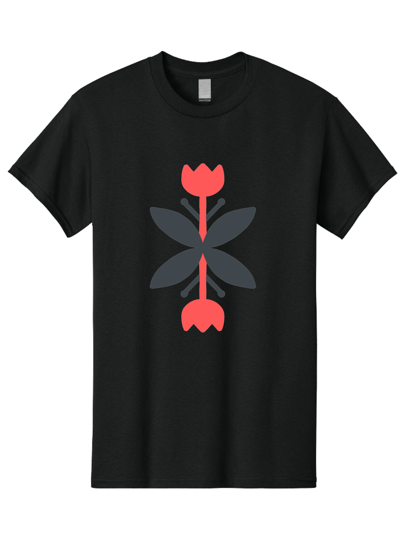 Pink-Tulip Men'S Graphic Tee, 100% Cotton, Comfortable Casual Summer Wear, Machine Washable, Stylized Butterfly, Red Flowers, Black Leaves, Floral Design, Abstract Art, Graphic Illustration, Minimalist Style, Symmetrical Composition Aab772