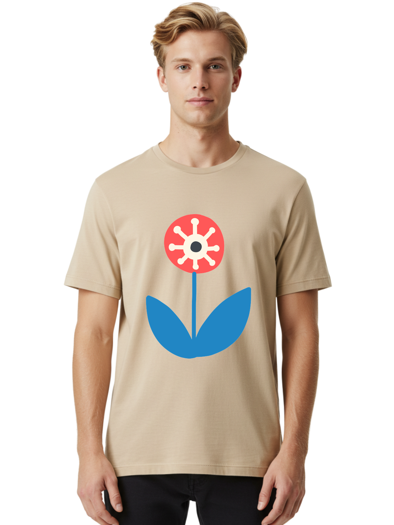Piranha-Plant Men'S Graphic Tee, 100% Cotton, Comfortable Casual Summer Wear, Machine Washable, Cartoon Flower, Red Bloom, Blue Leaves, White And Black Center, Mushroom Inspired, Video Game Art, Super Mario, Simple Shapes, Bold Colors, Aab773