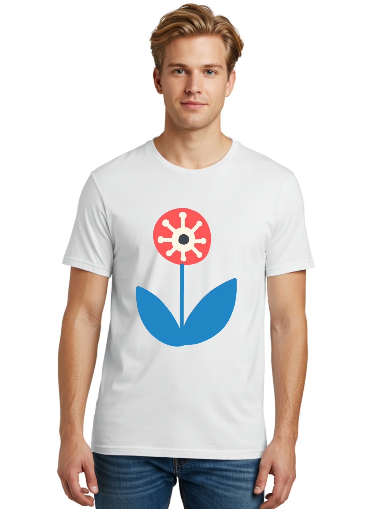 Piranha-Plant Men'S Graphic Tee, 100% Cotton, Comfortable Casual Summer Wear, Machine Washable, Cartoon Flower, Red Bloom, Blue Leaves, White And Black Center, Mushroom Inspired, Video Game Art, Super Mario, Simple Shapes, Bold Colors, Aab773
