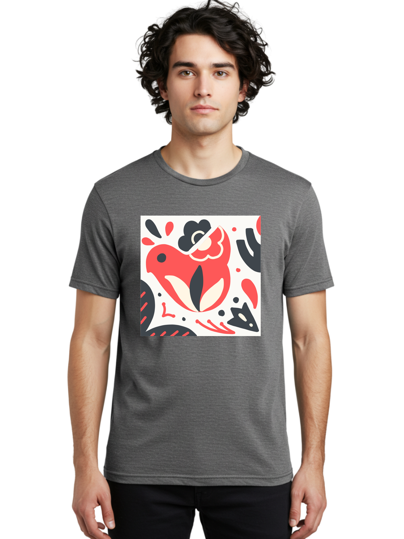 Red-Bird Men'S Graphic Tee, 100% Cotton, Comfortable Casual Summer Wear, Machine Washable, Stylized Fish Illustration, Abstract Shapes, Red And Black Accents, Modern Design, Artistic Expression, Creative Graphics, Bold Colors, Whimsical Art Aab779