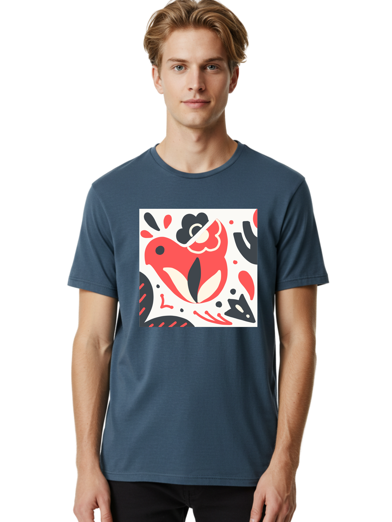 Red-Bird Men'S Graphic Tee, 100% Cotton, Comfortable Casual Summer Wear, Machine Washable, Stylized Fish Illustration, Abstract Shapes, Red And Black Accents, Modern Design, Artistic Expression, Creative Graphics, Bold Colors, Whimsical Art Aab779