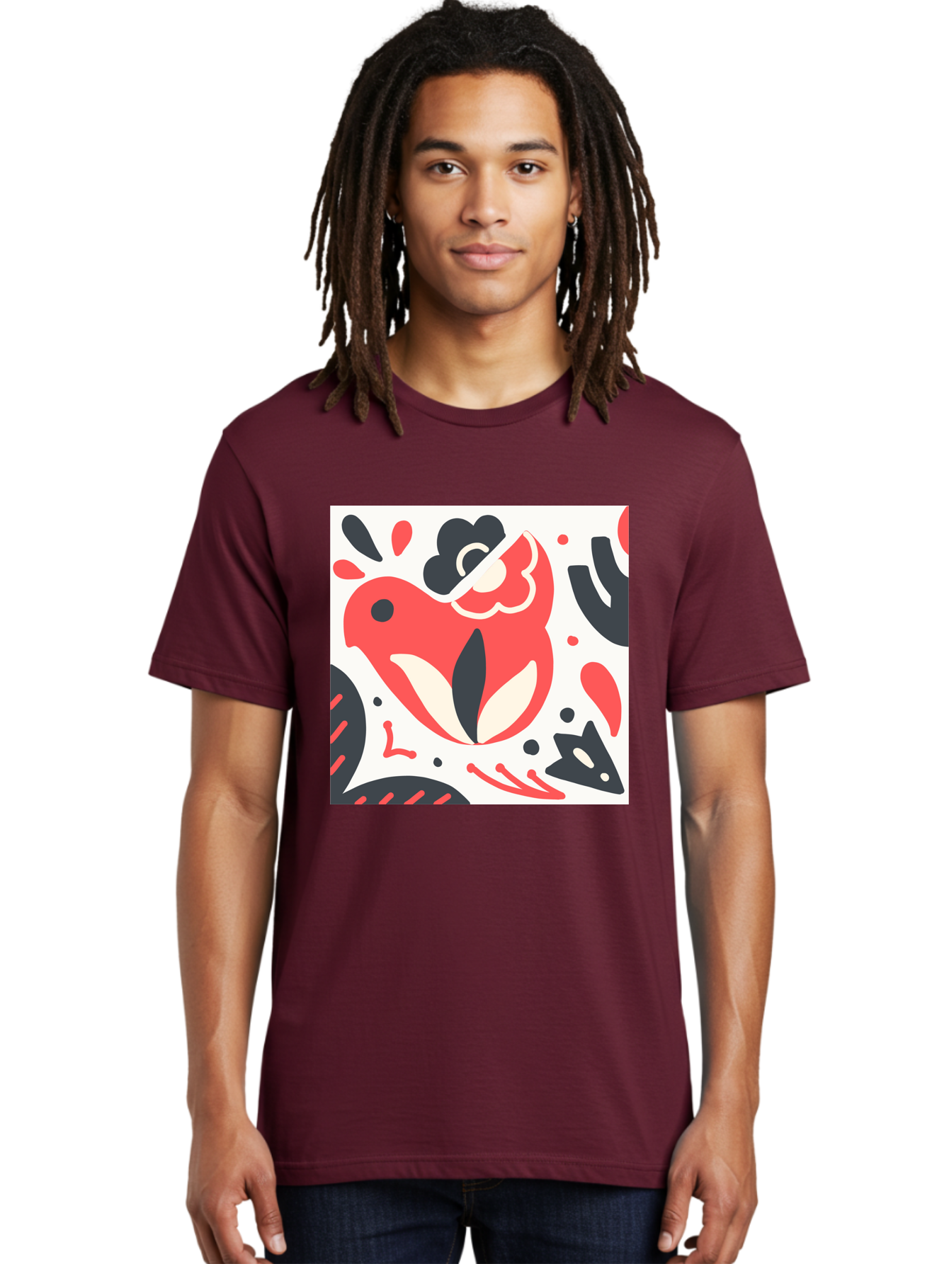 Red-Bird Men'S Graphic Tee, 100% Cotton, Comfortable Casual Summer Wear, Machine Washable, Stylized Fish Illustration, Abstract Shapes, Red And Black Accents, Modern Design, Artistic Expression, Creative Graphics, Bold Colors, Whimsical Art Aab779