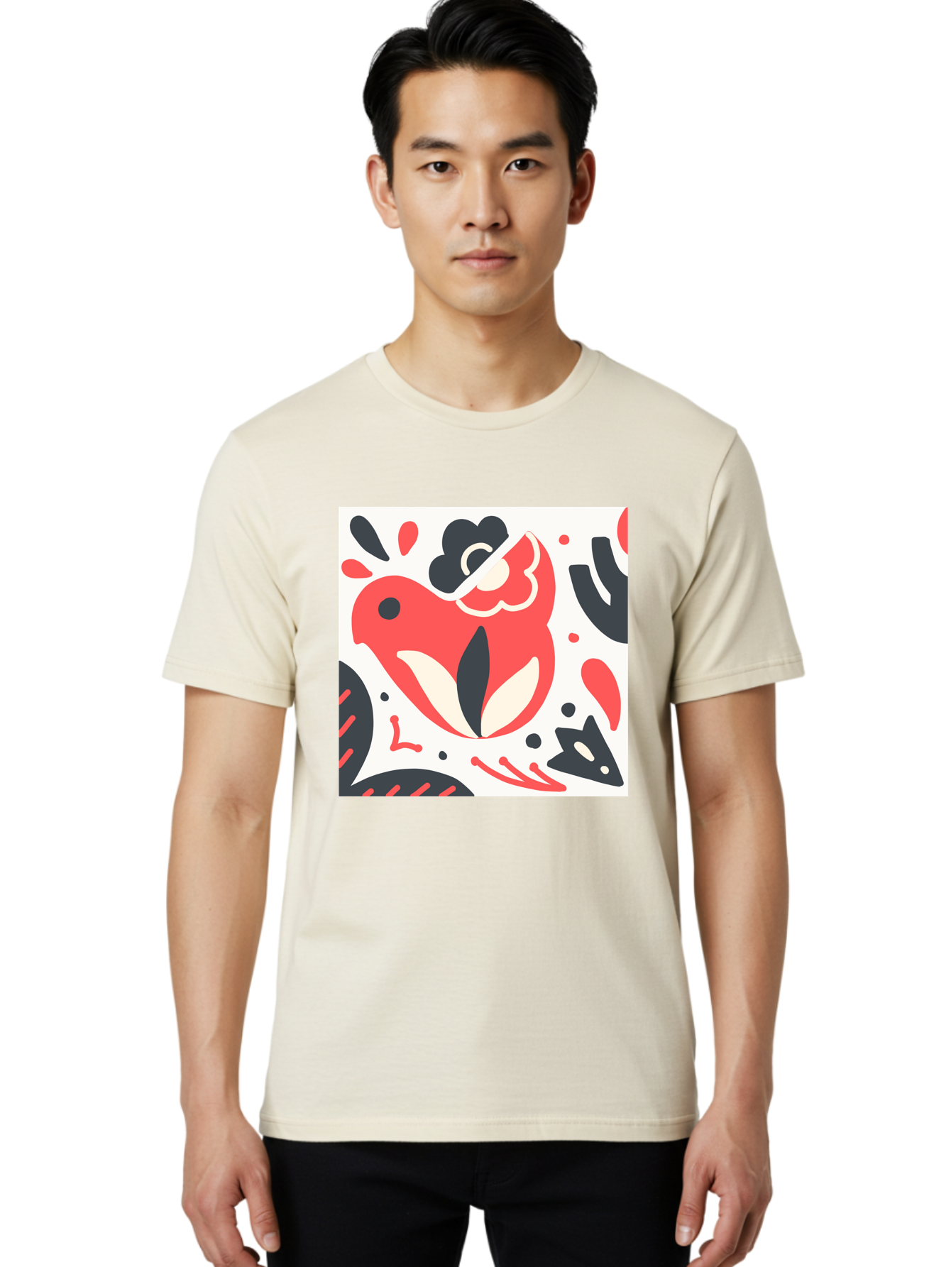 Red-Bird Men'S Graphic Tee, 100% Cotton, Comfortable Casual Summer Wear, Machine Washable, Stylized Fish Illustration, Abstract Shapes, Red And Black Accents, Modern Design, Artistic Expression, Creative Graphics, Bold Colors, Whimsical Art Aab779