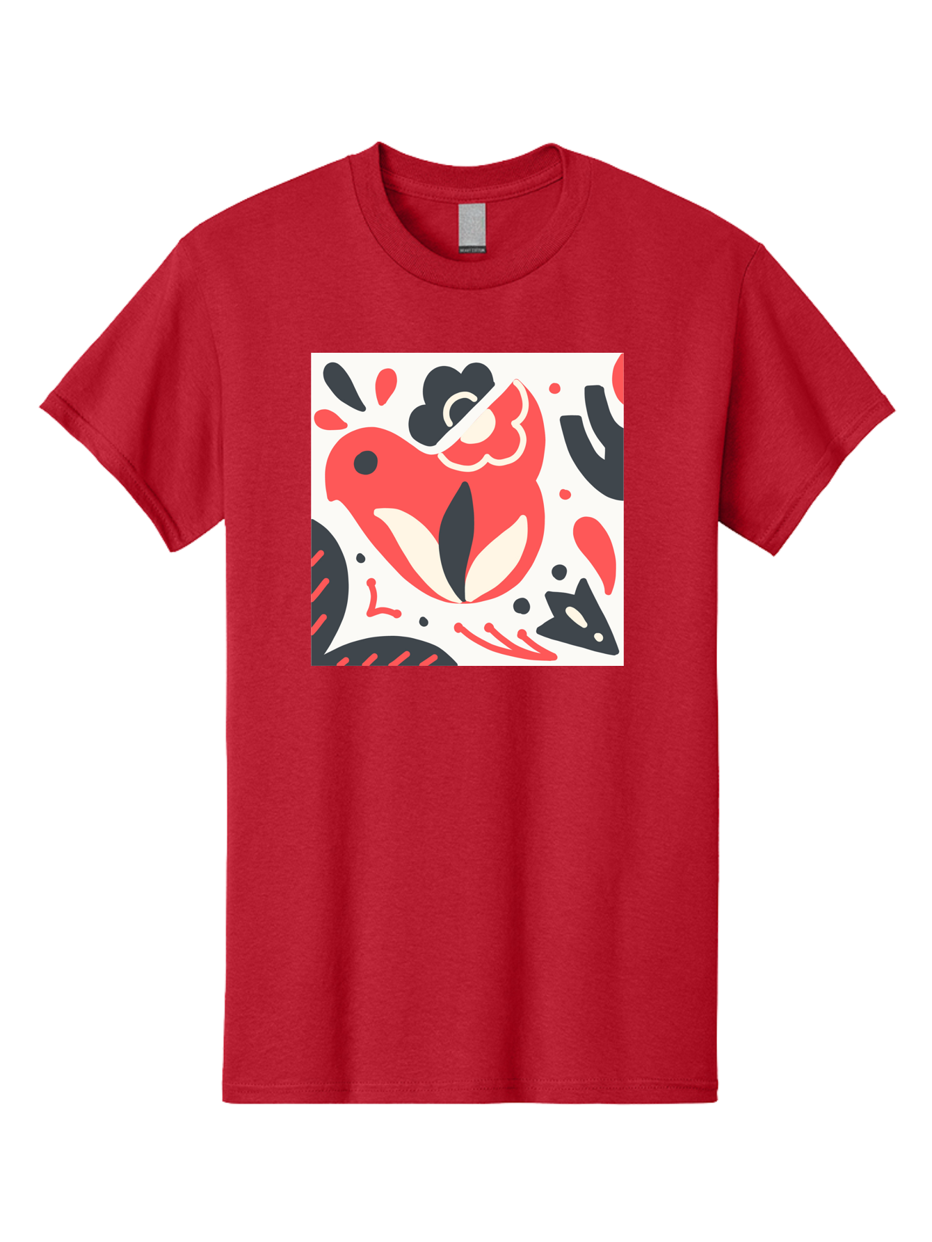 Red-Bird Men'S Graphic Tee, 100% Cotton, Comfortable Casual Summer Wear, Machine Washable, Stylized Fish Illustration, Abstract Shapes, Red And Black Accents, Modern Design, Artistic Expression, Creative Graphics, Bold Colors, Whimsical Art Aab779
