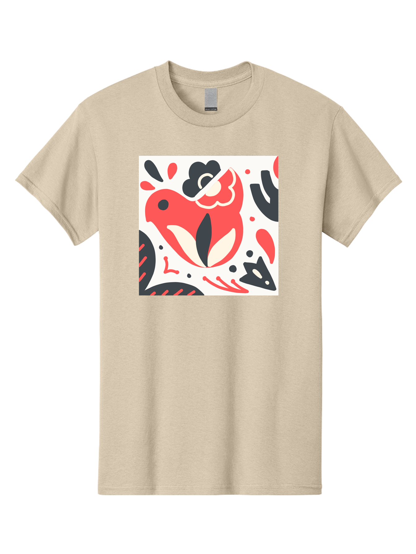 Red-Bird Men'S Graphic Tee, 100% Cotton, Comfortable Casual Summer Wear, Machine Washable, Stylized Fish Illustration, Abstract Shapes, Red And Black Accents, Modern Design, Artistic Expression, Creative Graphics, Bold Colors, Whimsical Art Aab779
