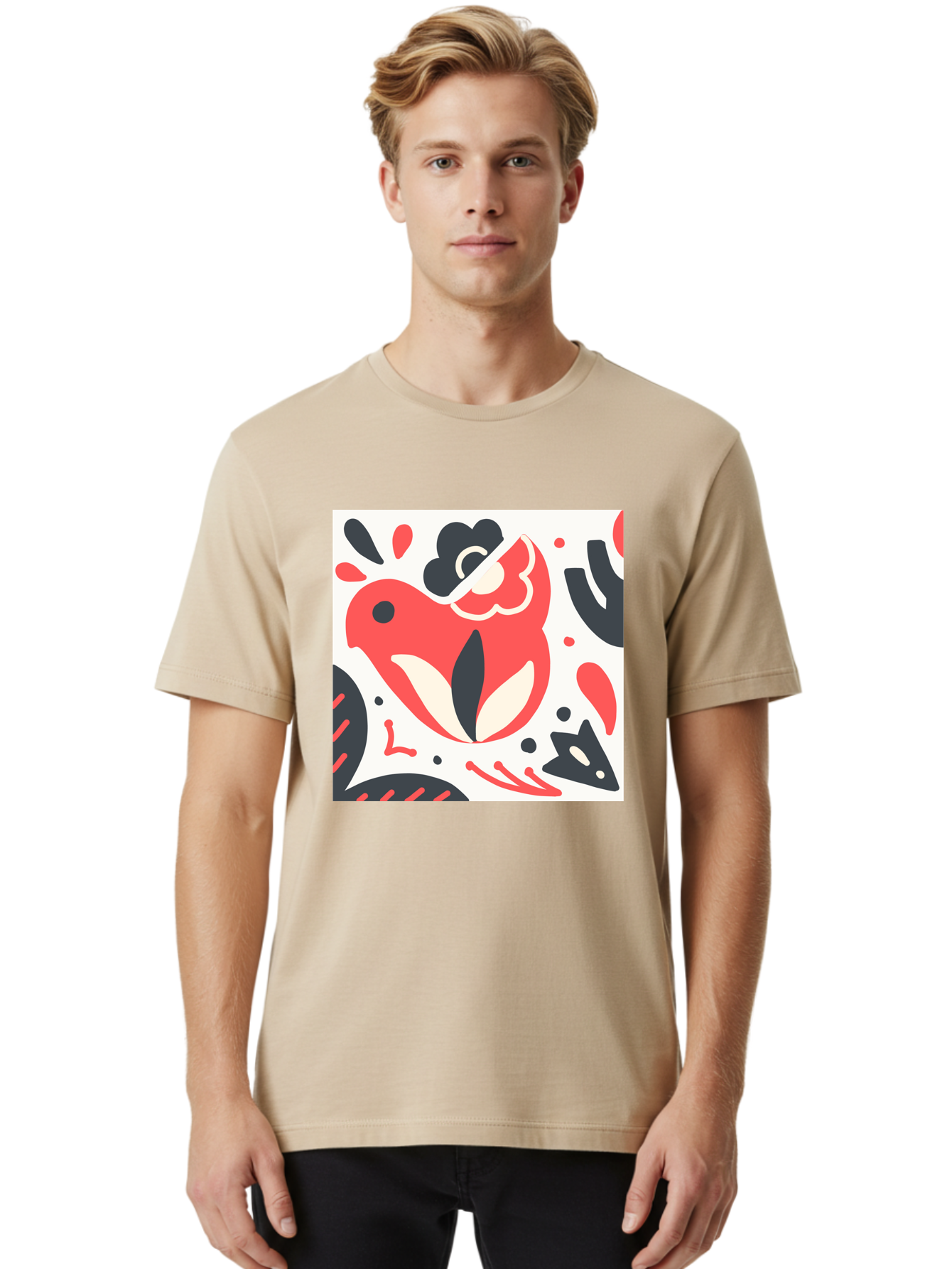 Red-Bird Men'S Graphic Tee, 100% Cotton, Comfortable Casual Summer Wear, Machine Washable, Stylized Fish Illustration, Abstract Shapes, Red And Black Accents, Modern Design, Artistic Expression, Creative Graphics, Bold Colors, Whimsical Art Aab779