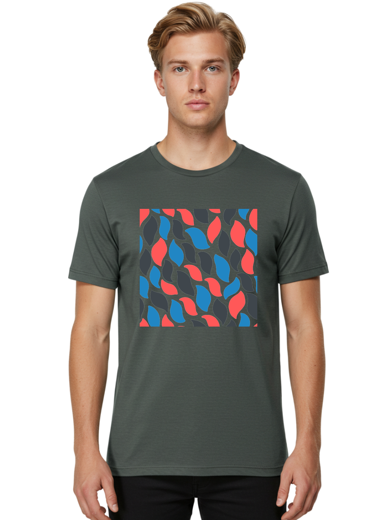 Red-Blue-Black-Leaves Men'S Graphic Tee, 100% Cotton, Comfortable Casual Summer Wear, Machine Washable, Colorful Leaf Pattern, Abstract Design, Red Blue Black Leaves, Vibrant Colors, Modern Art, Leaf Motif, Graphic Design, Creative Pattern, Aab781