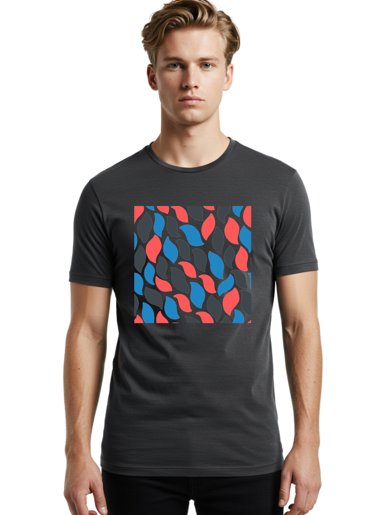 Red-Blue-Black-Leaves Men'S Graphic Tee, 100% Cotton, Comfortable Casual Summer Wear, Machine Washable, Colorful Leaf Pattern, Abstract Design, Red Blue Black Leaves, Vibrant Colors, Modern Art, Leaf Motif, Graphic Design, Creative Pattern, Aab781