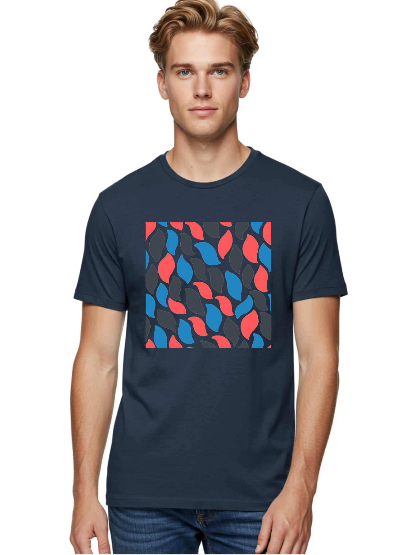 Red-Blue-Black-Leaves Men'S Graphic Tee, 100% Cotton, Comfortable Casual Summer Wear, Machine Washable, Colorful Leaf Pattern, Abstract Design, Red Blue Black Leaves, Vibrant Colors, Modern Art, Leaf Motif, Graphic Design, Creative Pattern, Aab781