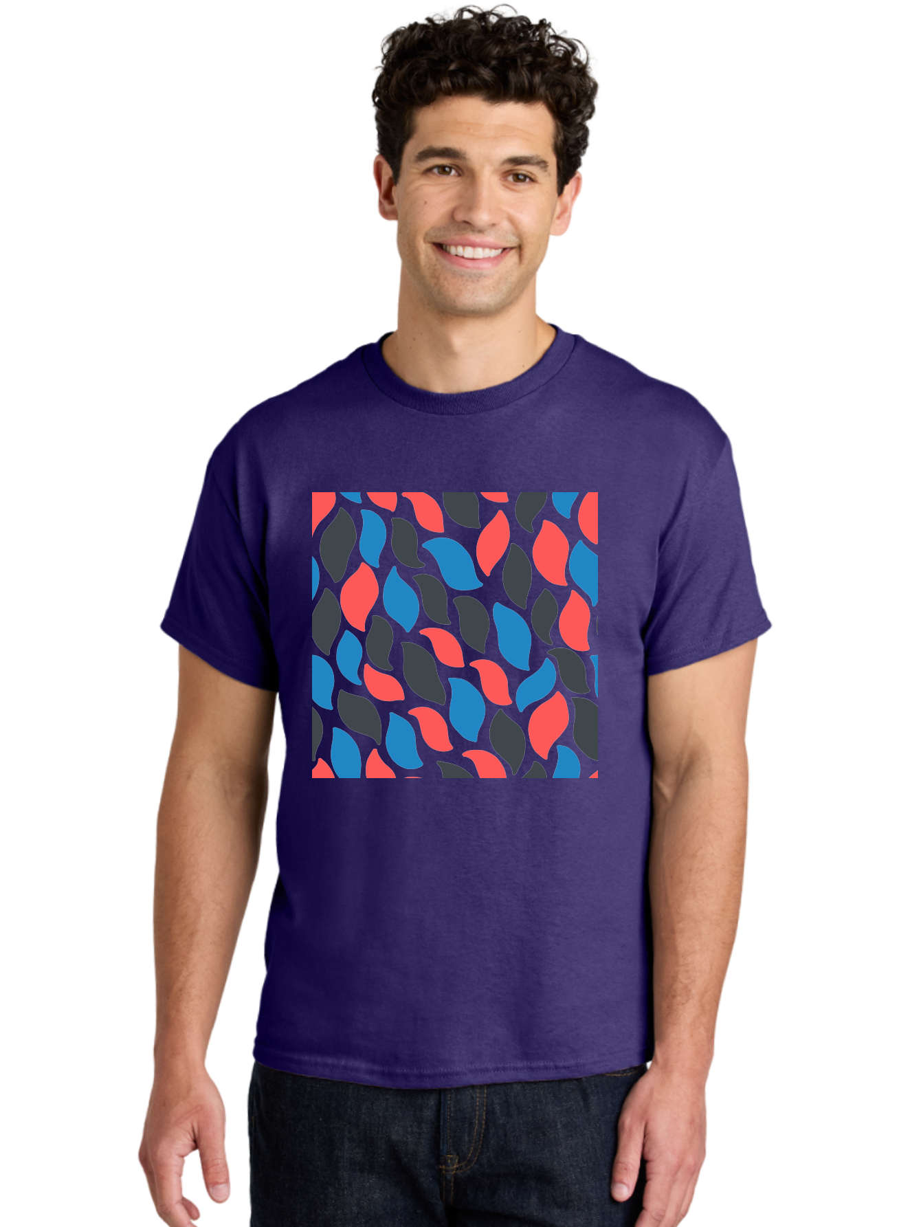 Red-Blue-Black-Leaves Men'S Graphic Tee, 100% Cotton, Comfortable Casual Summer Wear, Machine Washable, Colorful Leaf Pattern, Abstract Design, Red Blue Black Leaves, Vibrant Colors, Modern Art, Leaf Motif, Graphic Design, Creative Pattern, Aab781