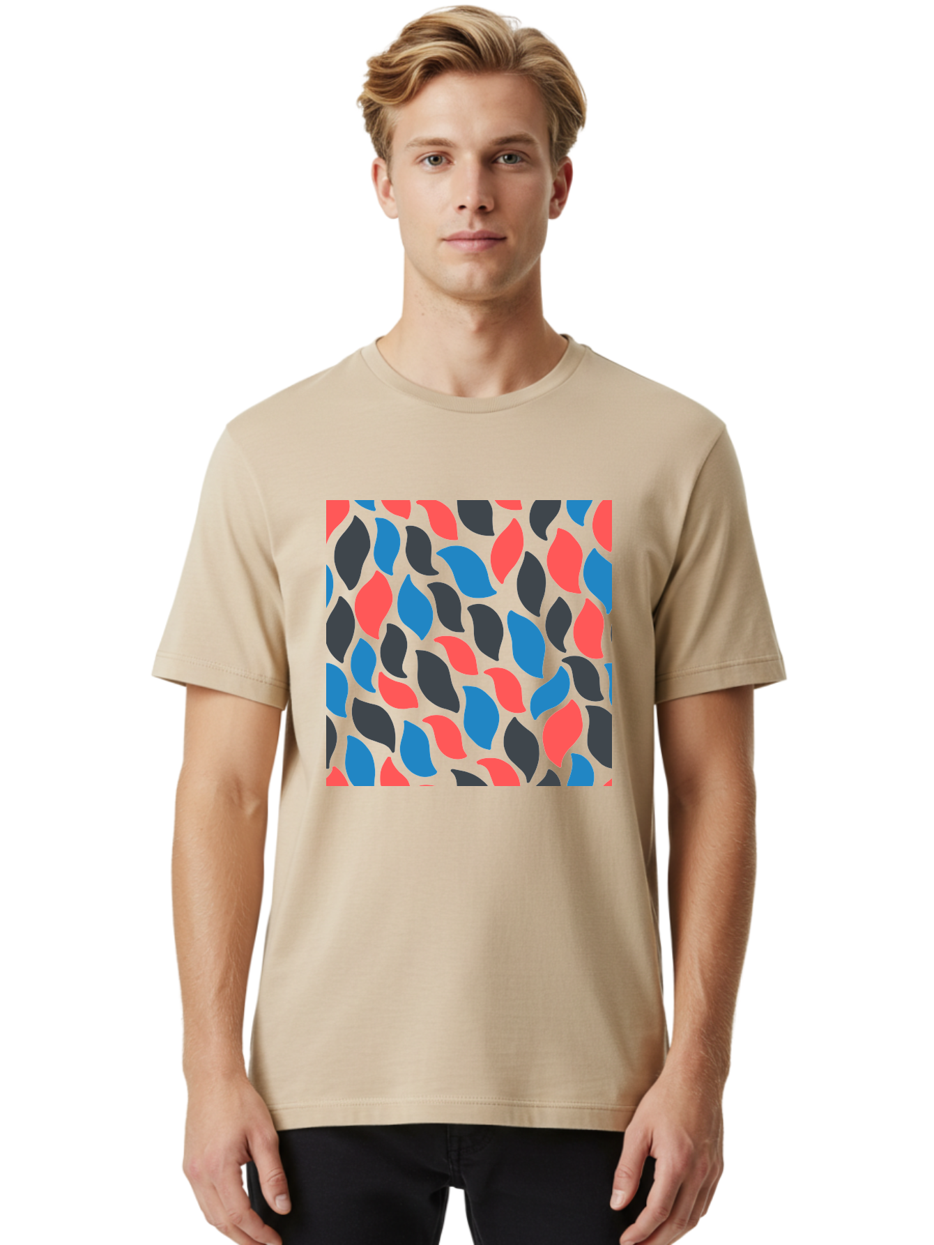 Red-Blue-Black-Leaves Men'S Graphic Tee, 100% Cotton, Comfortable Casual Summer Wear, Machine Washable, Colorful Leaf Pattern, Abstract Design, Red Blue Black Leaves, Vibrant Colors, Modern Art, Leaf Motif, Graphic Design, Creative Pattern, Aab781