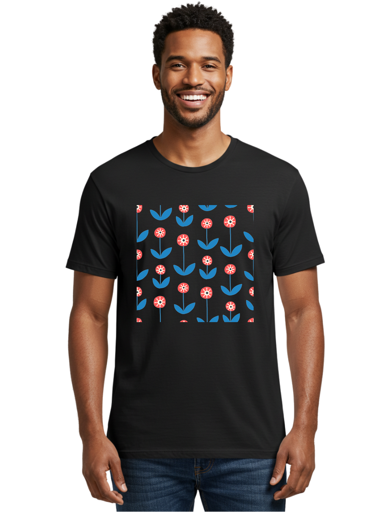 Red-Floral-Pattern Men'S Graphic Tee, 100% Cotton, Comfortable Casual Summer Wear, Machine Washable, Pink Flowers, Blue Leaves, Floral Pattern, Repeating Design, Vibrant Flowers, Colorful Blooms, Stylized Flora Aab782