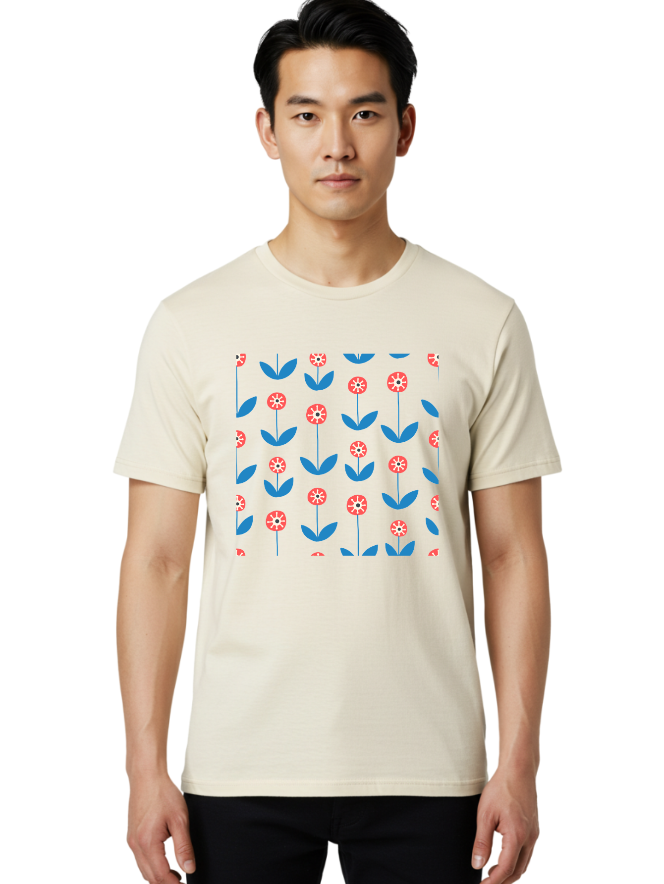 Red-Floral-Pattern Men'S Graphic Tee, 100% Cotton, Comfortable Casual Summer Wear, Machine Washable, Pink Flowers, Blue Leaves, Floral Pattern, Repeating Design, Vibrant Flowers, Colorful Blooms, Stylized Flora Aab782