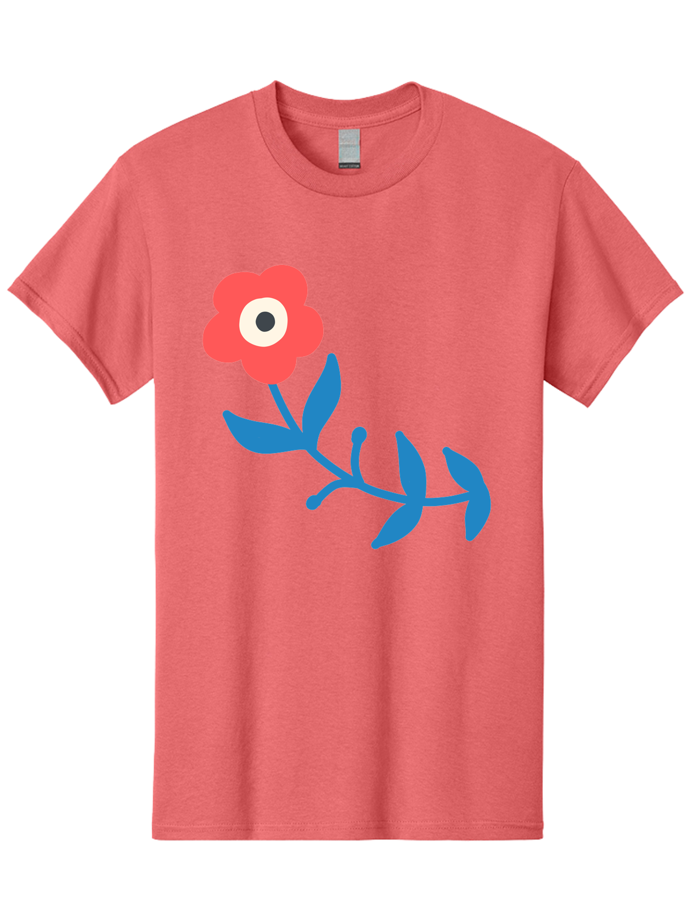 Red-Flower-With-Eye Men'S Graphic Tee, 100% Cotton, Comfortable Casual Summer Wear, Machine Washable, Stylized Red Flower, Blue Leaves, Floral Design, Abstract Art, Surrealism, Creative Expression, Unique Graphic, Simple Shapes, Bold Colors, Aab783